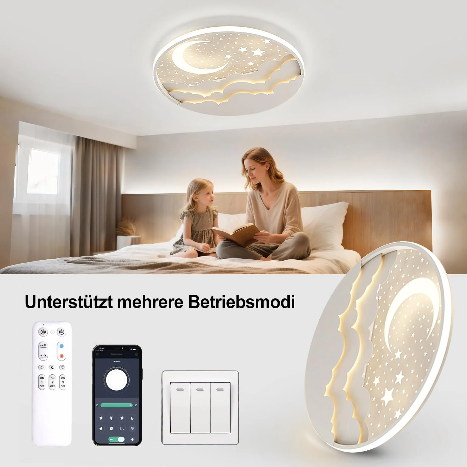 Plafonnier LED Enfant 40cm Étoile Lune Dimmable avec Télécommande APP Veilleuse
