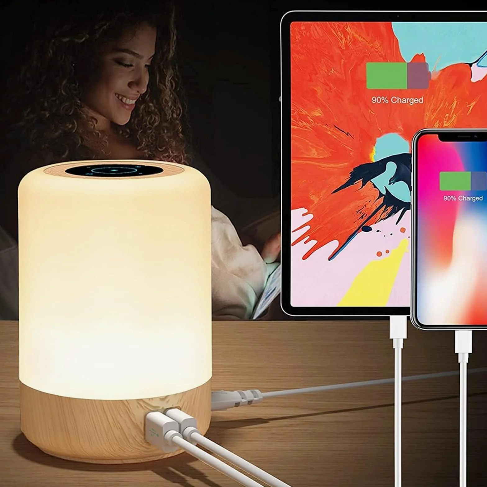 Lampe de Chevet LED Tactile avec 4 Ports USB-A, 8 Couleurs, 10 Niveaux de Luminosité, Veilleuse pour Chambre
