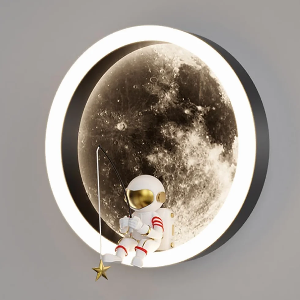 Applique Murale LED Enfants Lune Astronaute Décoration Chambre 3000K 12W Ronde Noir