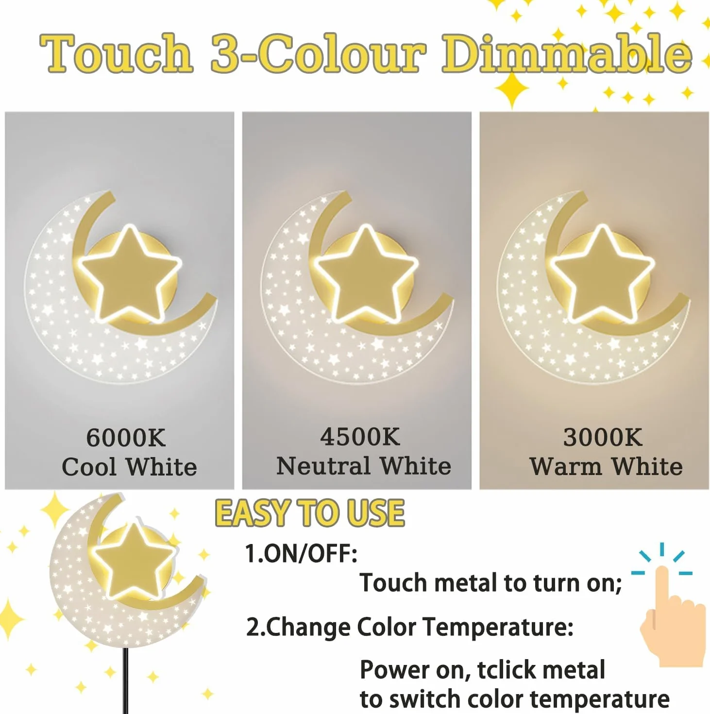 Applique Murale LED Interieur avec Prise Dimmable Lune Contrôle Tactile Lumière Mural Métal Chambre Enfants