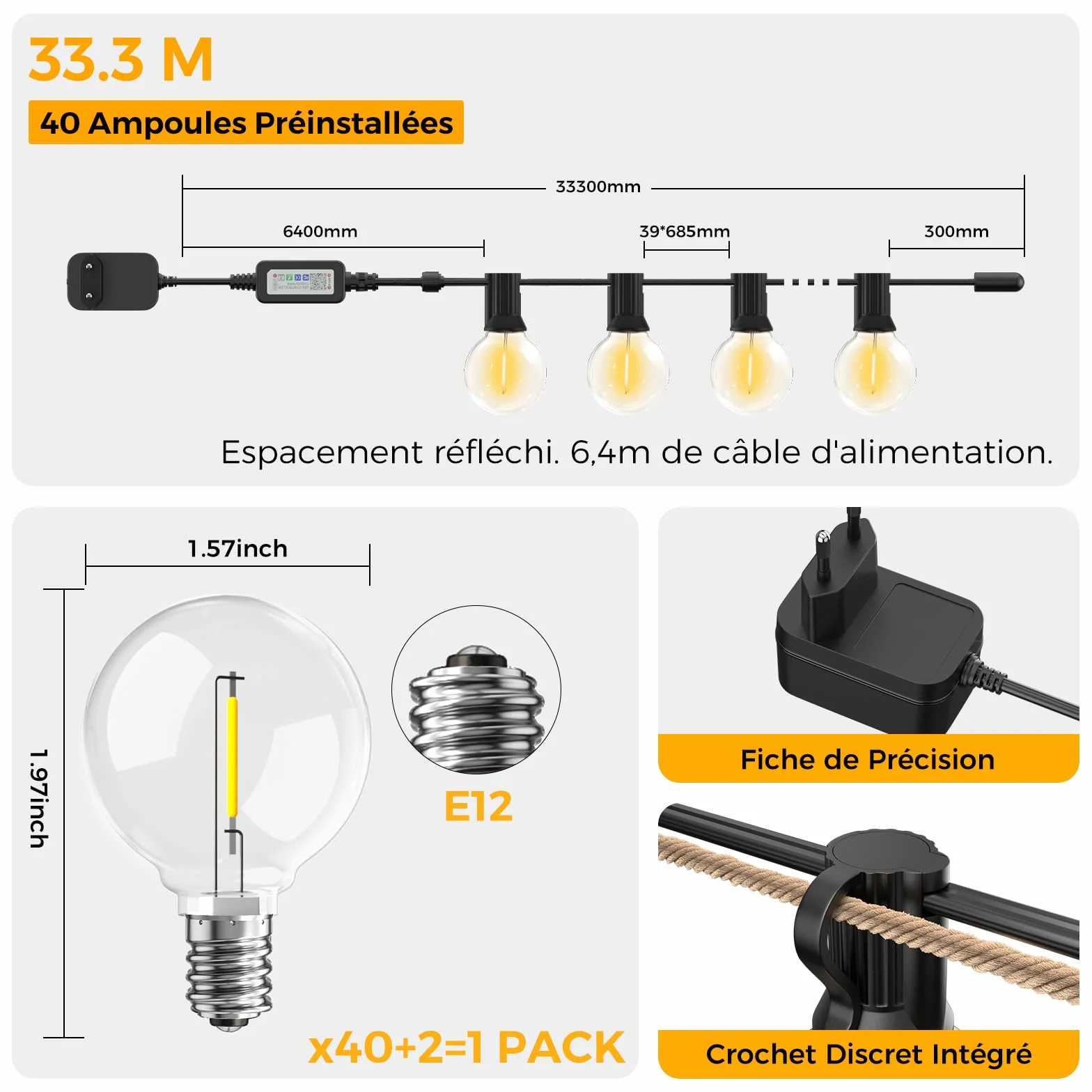 Guirlande Lumineuse Exterieure G40 LED 33,3M avec App & Télécommande Dimmable IP44