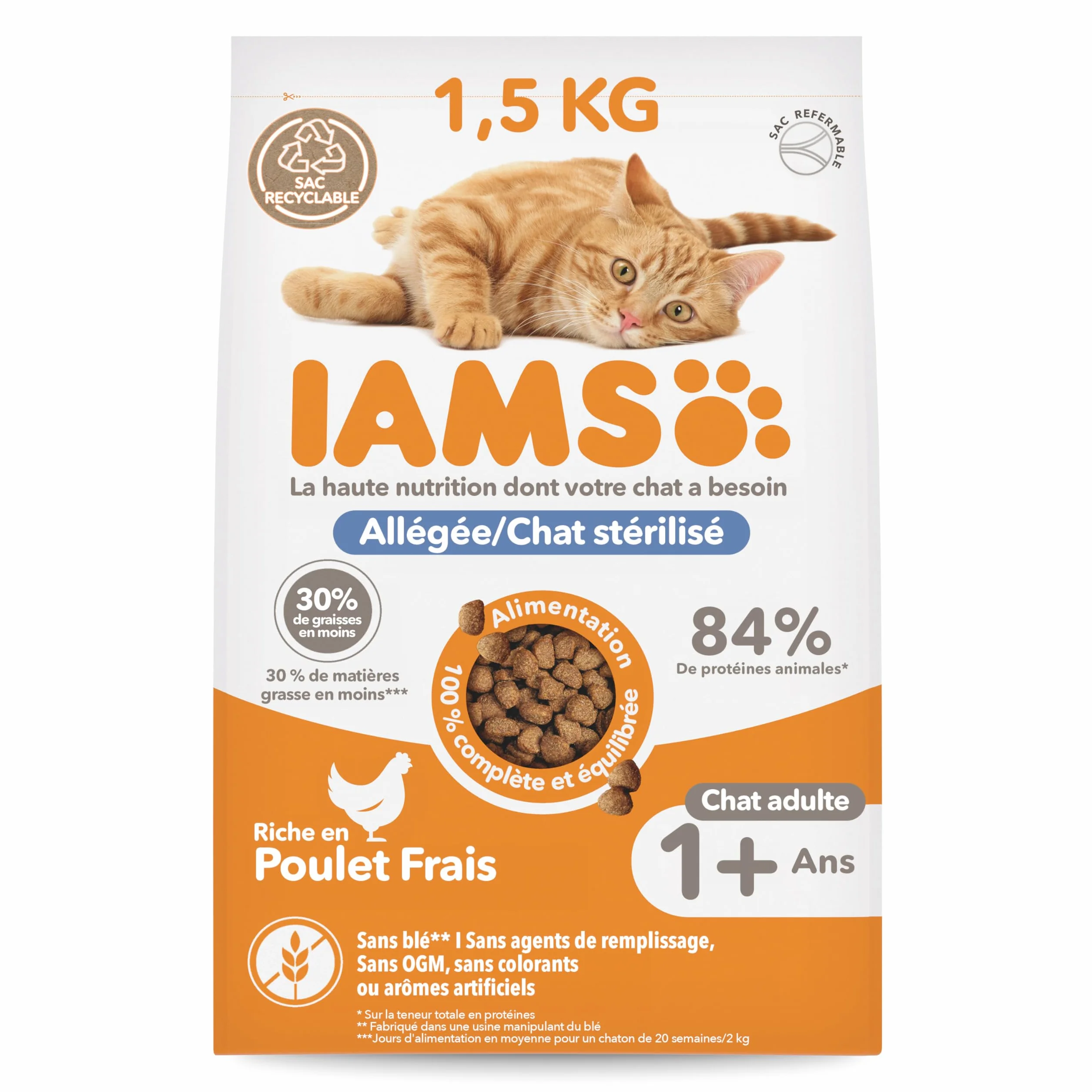 IAMS Advanced Nutrition Croquettes Allégées pour Chats Stérilisés au Poulet Frais 1,5 kg