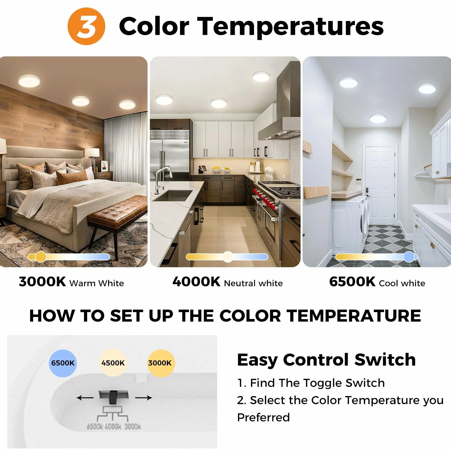 Plafonnier LED 3 Couleurs 3000K 4000K 6500K 15W 1500LM IP44 Etanche Moderne Rond