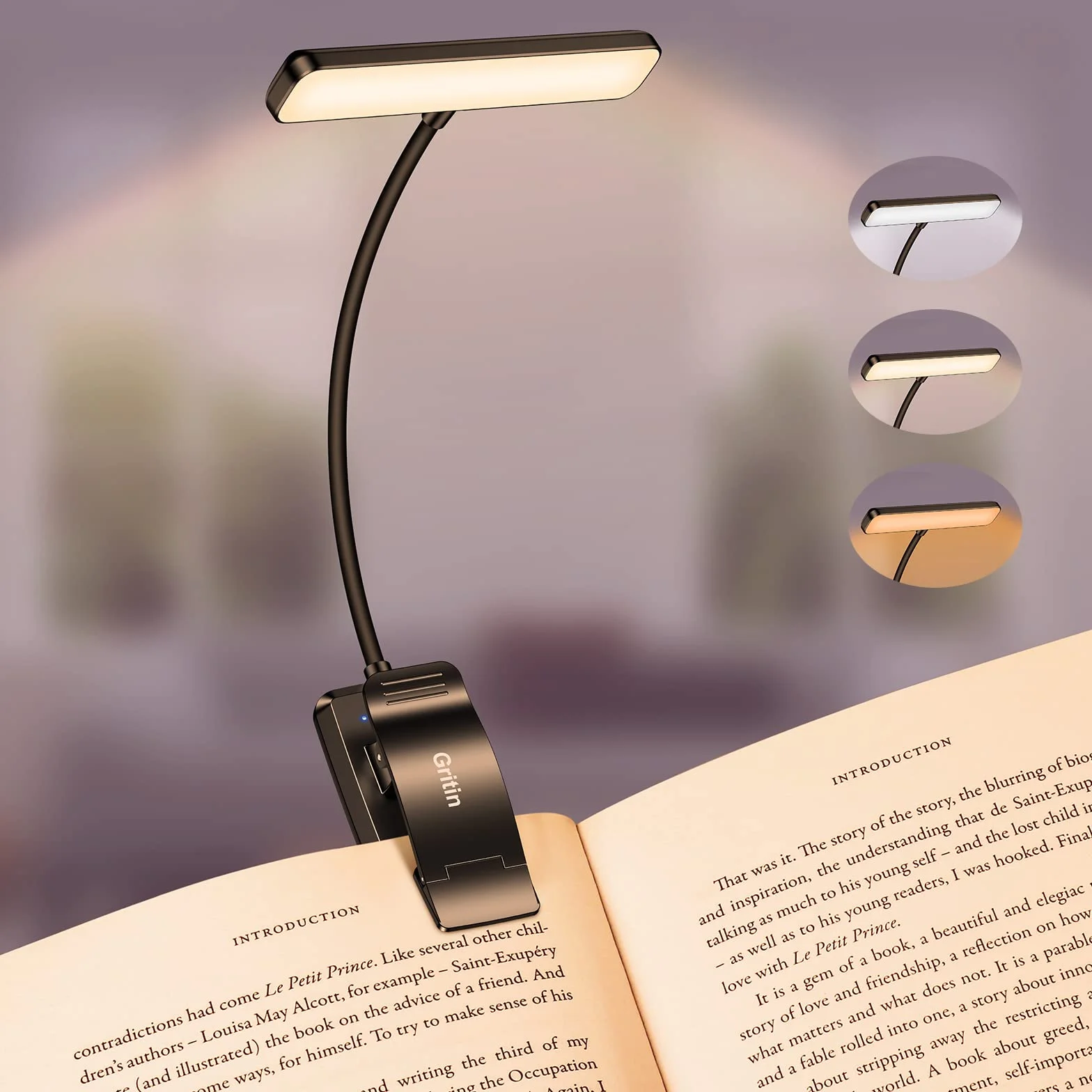Gritin Lampe de Lecture 19 LED, Liseuse Clip Rechargeable, Protection des Yeux, Gradation en Continu & 3 Couleurs, 360° Cou Flexible, Portable pour Lire au Lit