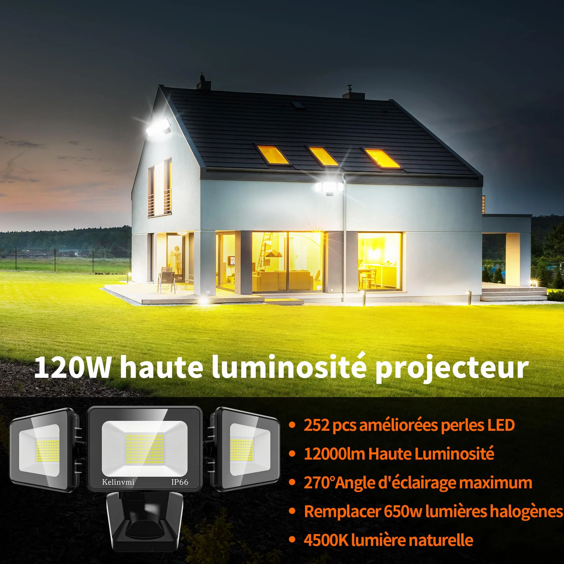 Projecteur LED d'extérieur 120 W 12000 lm IP66 étanche 4500 K