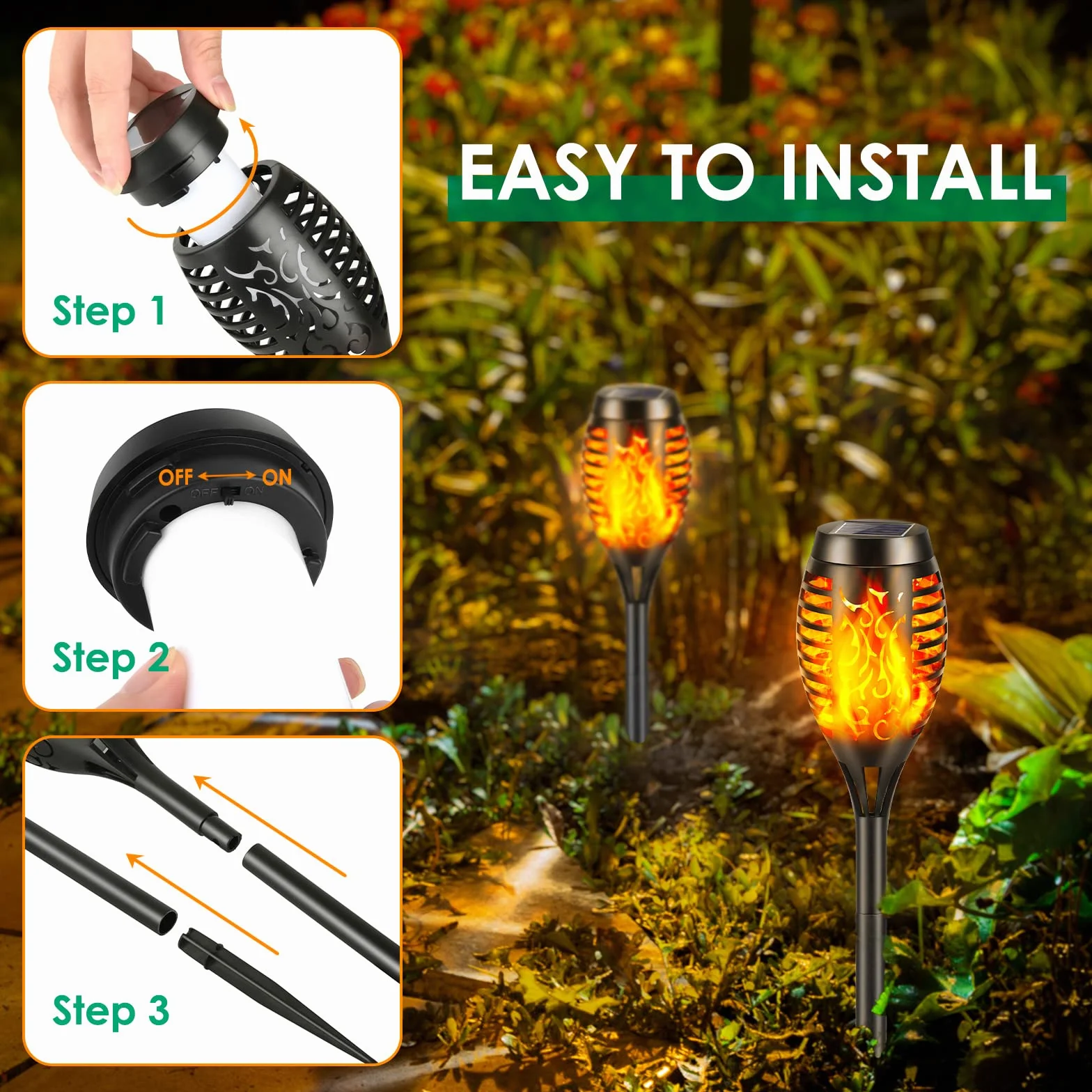 Lumières Flamme Solaire Exterieure 12 LED IP65 Lampe Solaire Torche Jardin Étanche