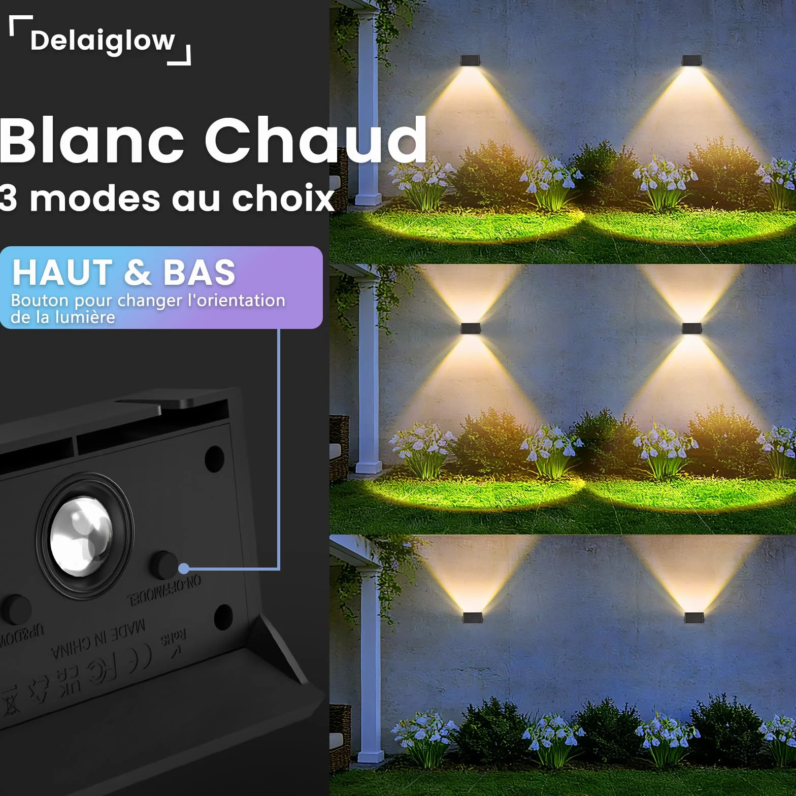 Lumière Solaire Extérieure Haut et Bas Lot de 6 LED Applique Murale Exterieur Blanc Chaud Éclairage Puissant 1000mAh Lampe Étanche IP67
