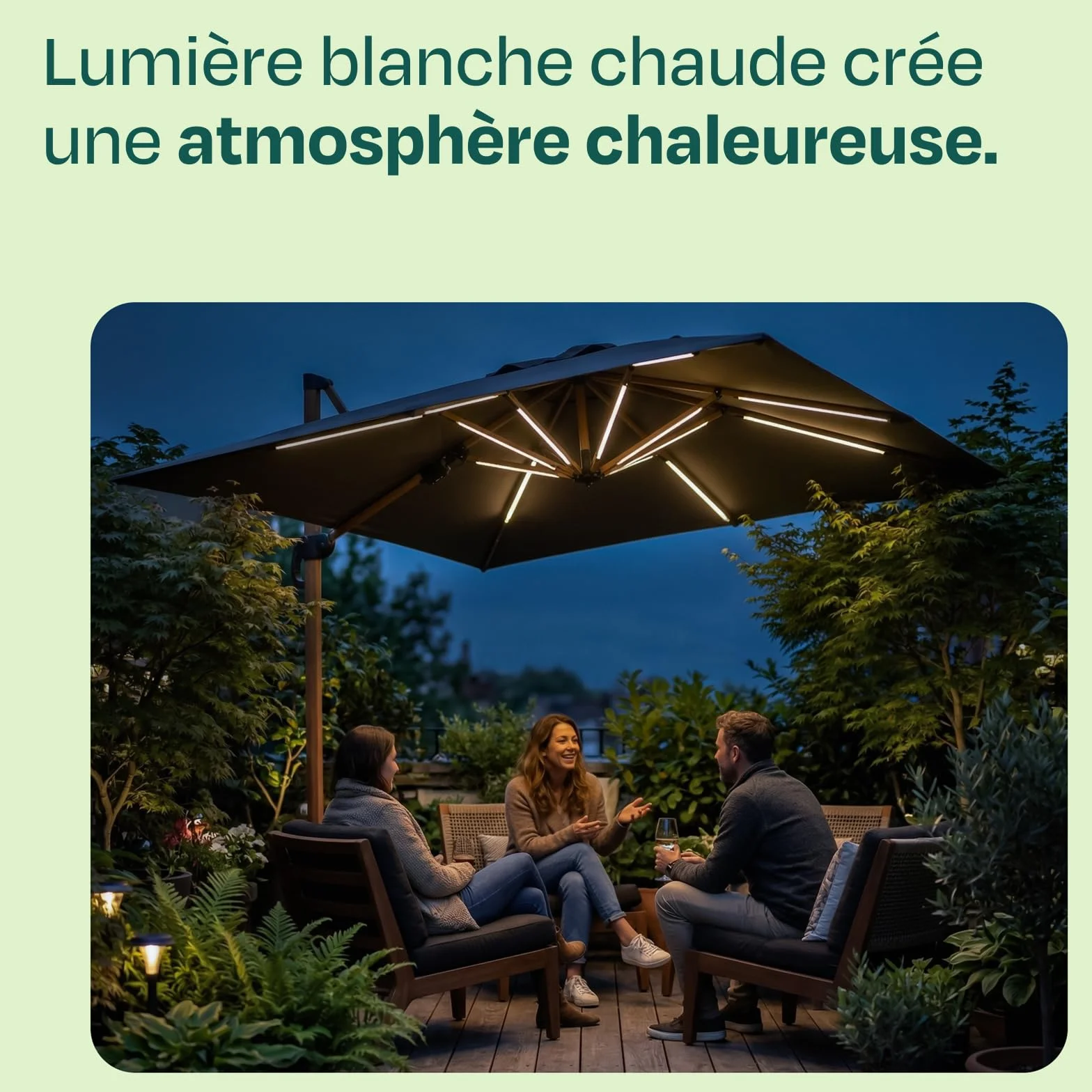 VONROC Éclairage LED Parasol Rechargeable 15 Bandes LED Batterie 2600 mAh Lumière Extérieure Jardin Terrasse Camping GP855AA