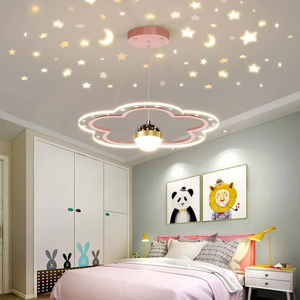 Lustre LED Ciel Étoilé Fleur Design Dimmable Rose 40cm Chambre Enfant