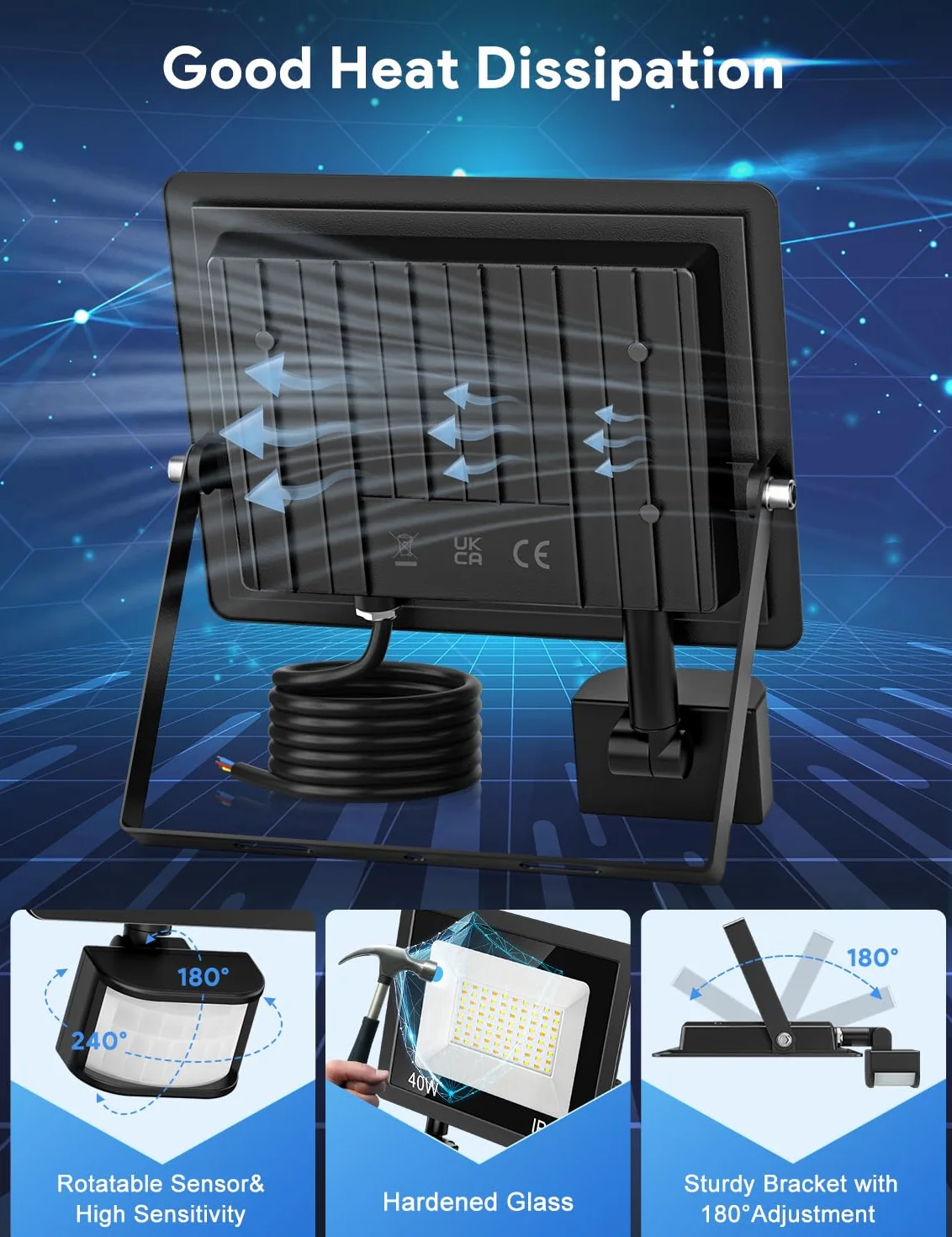 Projecteur LED Extérieur 40W 4500LM IP66 Réglable 3 Couleurs avec Télécommande Détecteur de Mouvement