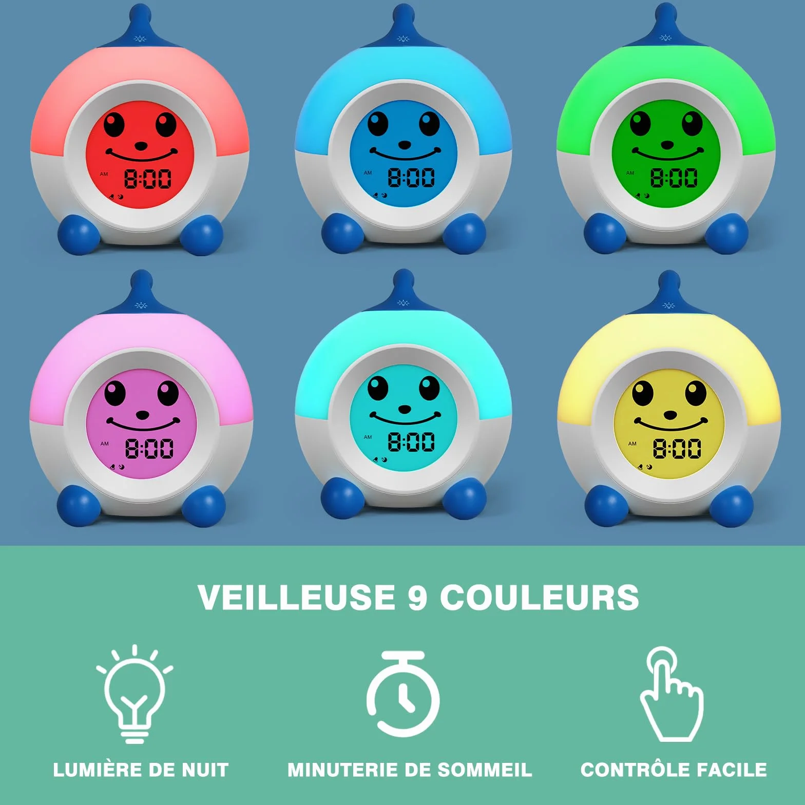 Réveil Enfant I·CODE Jour/Nuit avec Veilleuse et Minuterie d'Arrêt Automatique Bleu