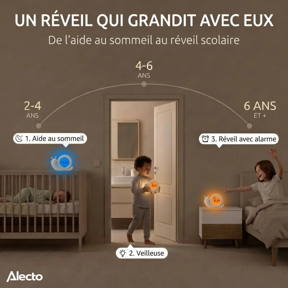 Alecto BC110BE Simon Réveil Enfant Éducatif Jour/Nuit Veilleuse Escargot