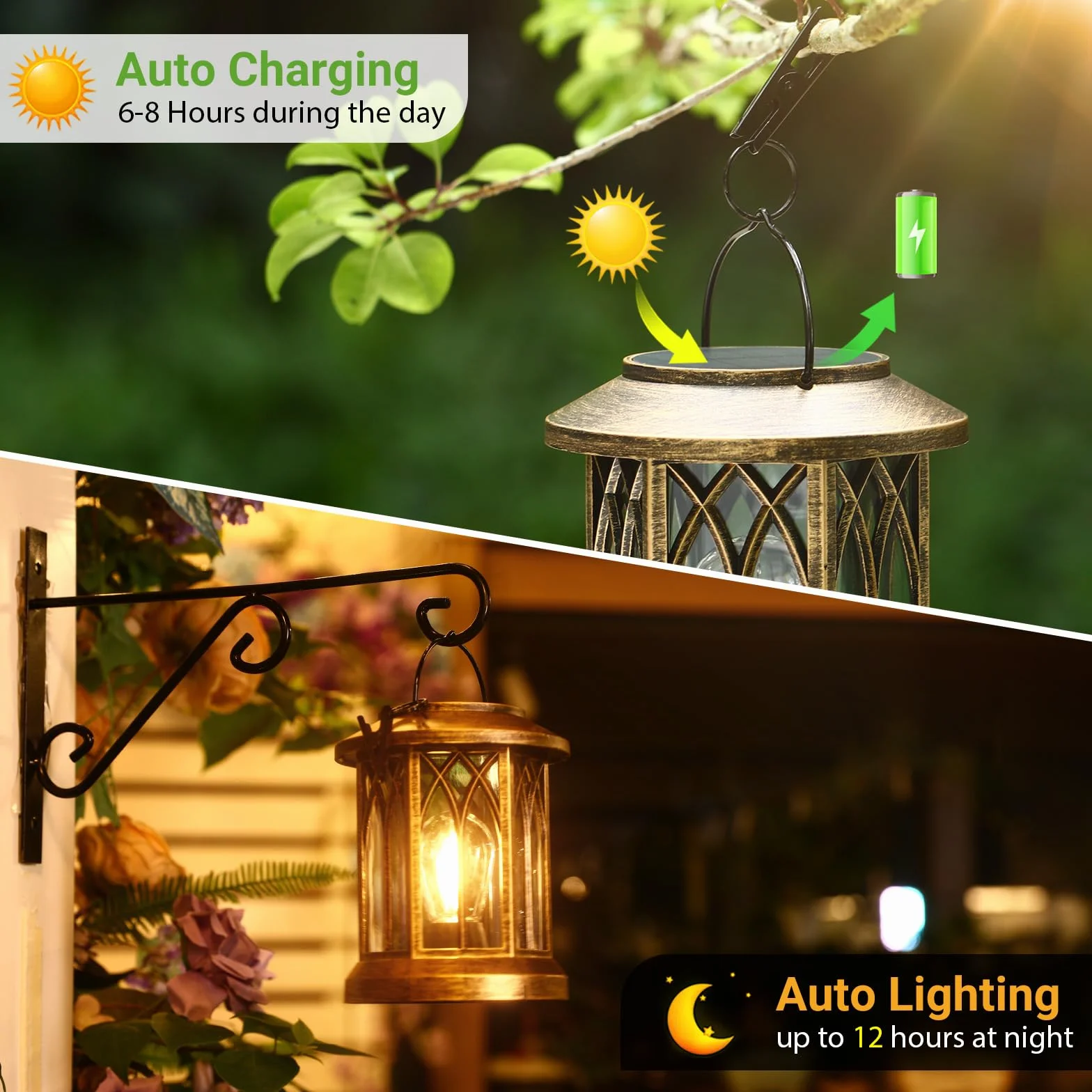 GEARLITE Lanterne Solaire Exterieur Jardin 2 Pièces LED IP65 Étanche Blanc Chaud Tungstène avec Clips