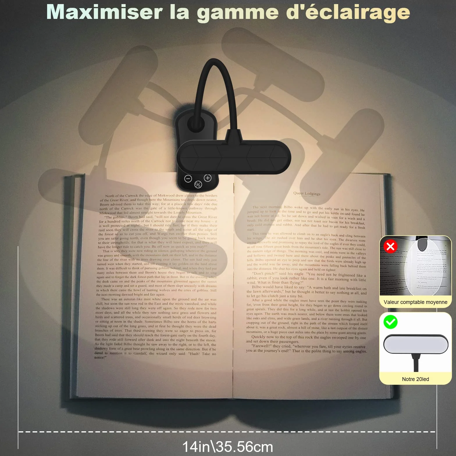 Lampe de Lecture Horizontale LED Rechargeable USB, 20 LEDs, Portable, Contrôle Tactile, 3 Couleurs, 1000mAh