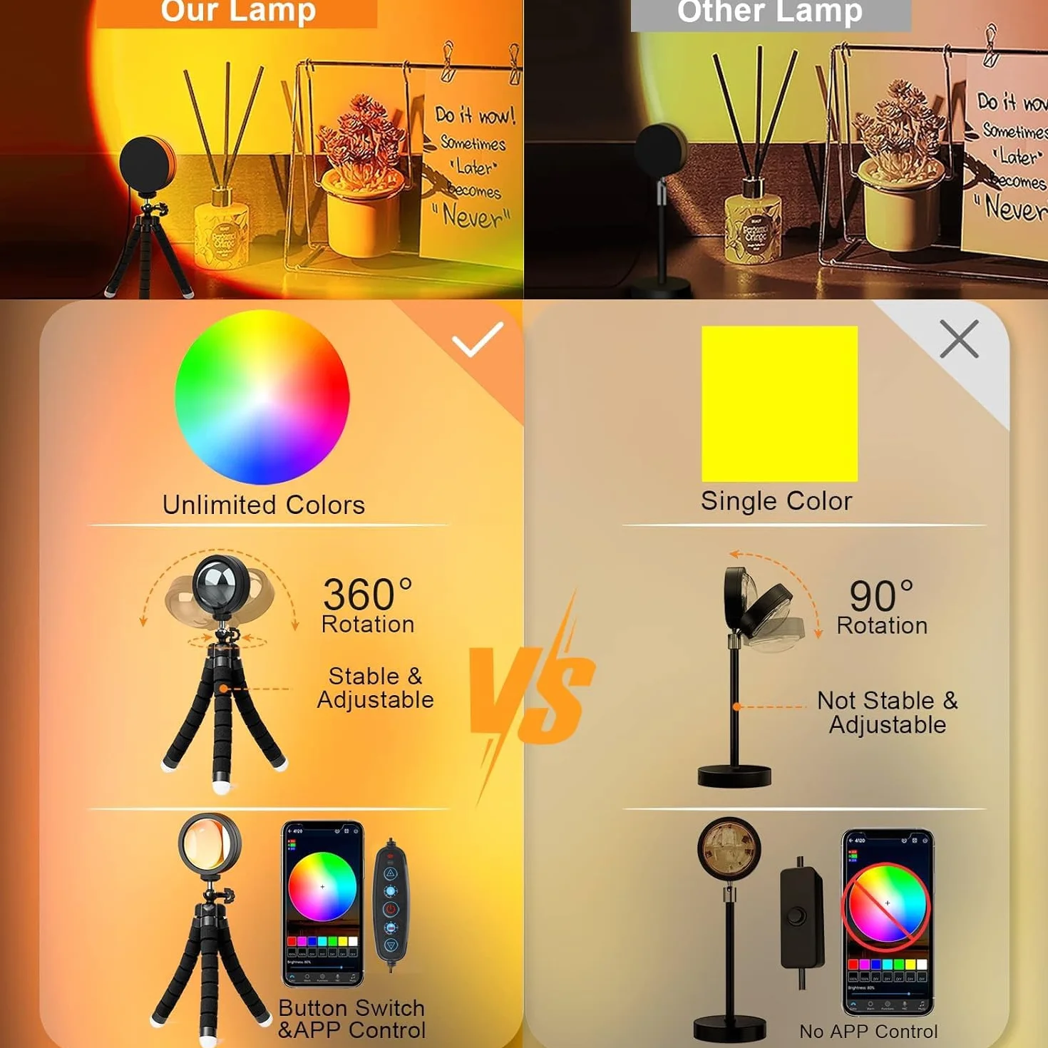 Lampe Coucher de Soleil LED Multicolore 360° avec Télécommande et Application