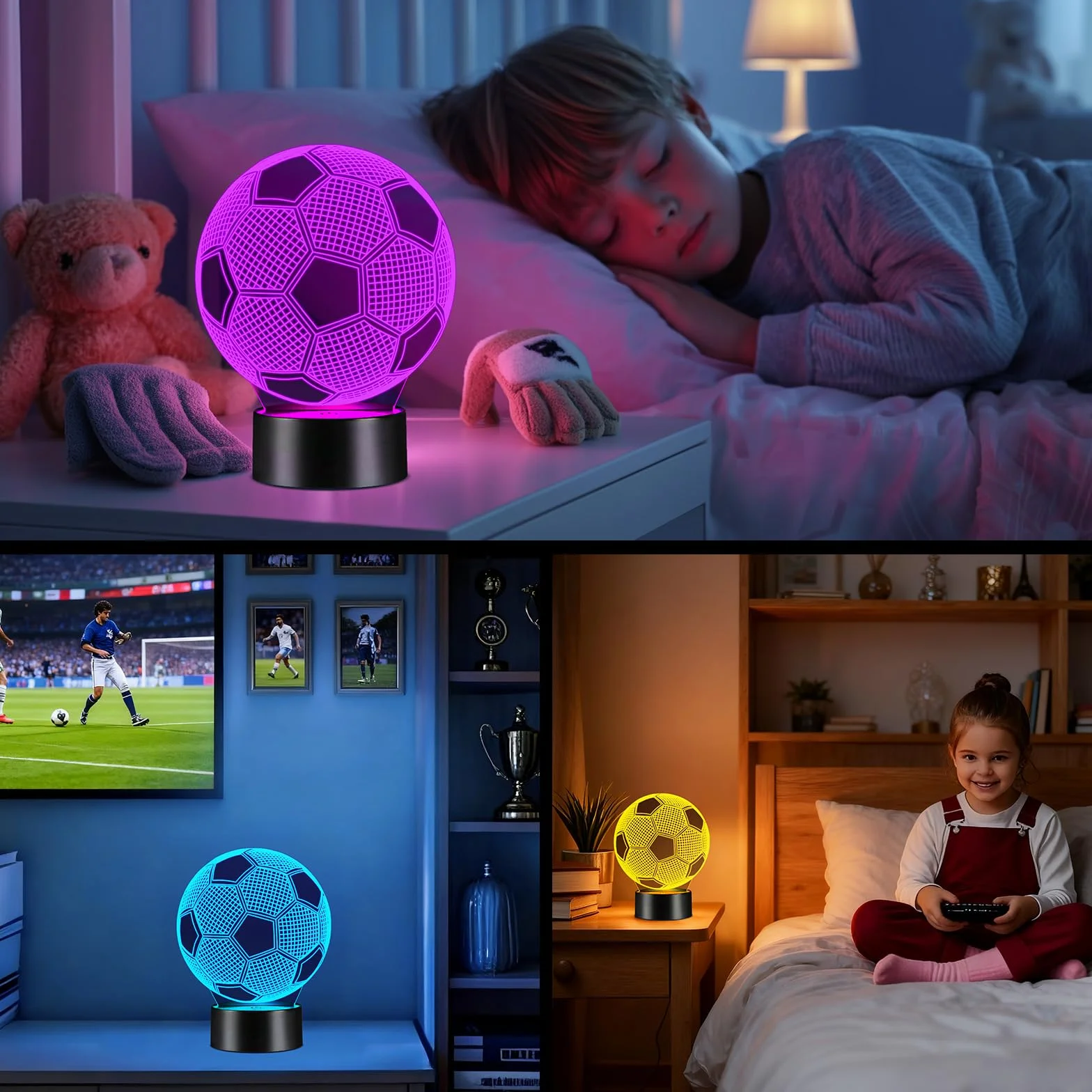 Linkax Veilleuse Enfant Foot Football 3D Illusion Lampe de Chevet LED 16 Couleurs Télécommande Cadeau Garçon 7-12 Ans
