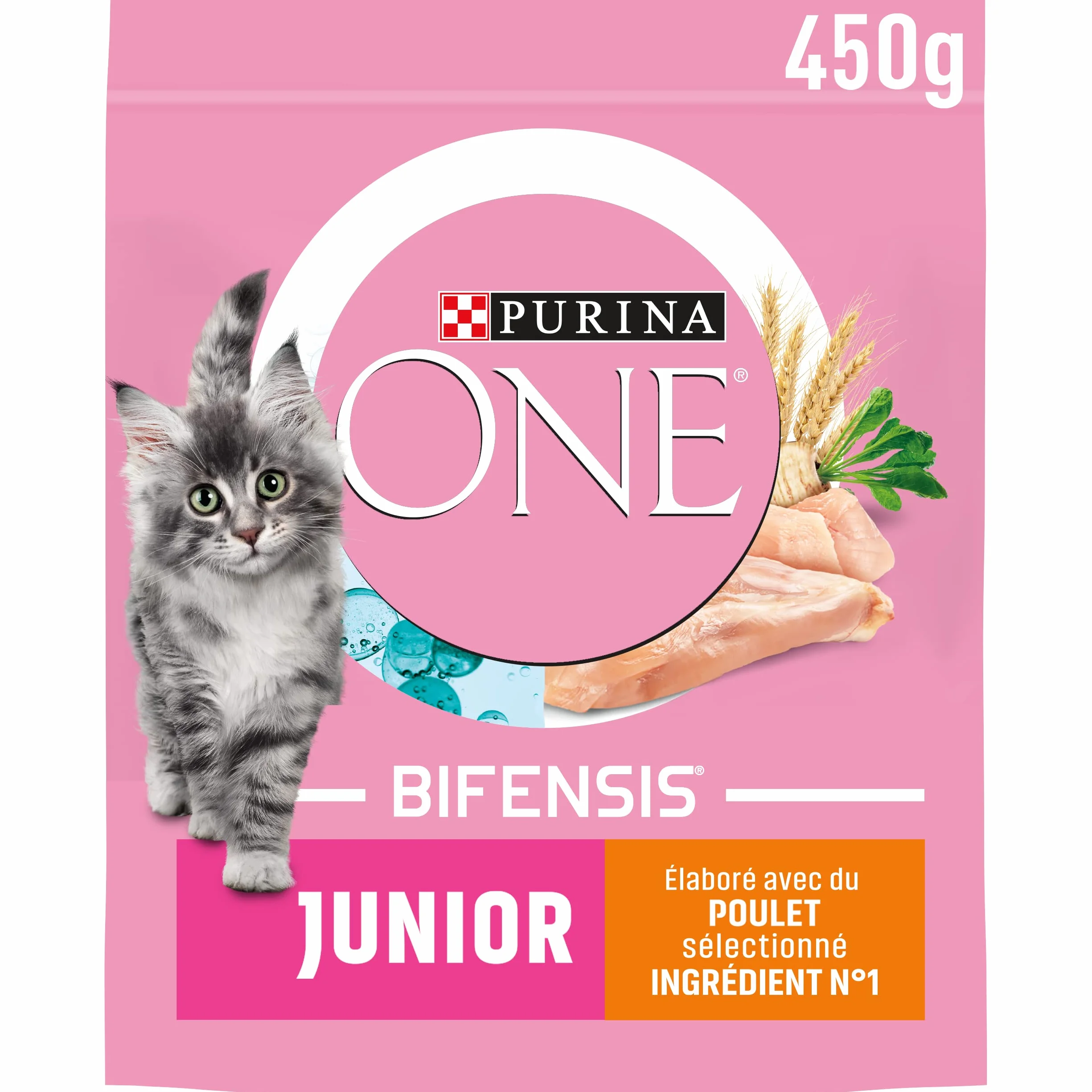 PURINA ONE BIFENSIS JUNIOR Croquettes Chaton jusqu'à 12 mois Chattes Gestation Poulet 450g