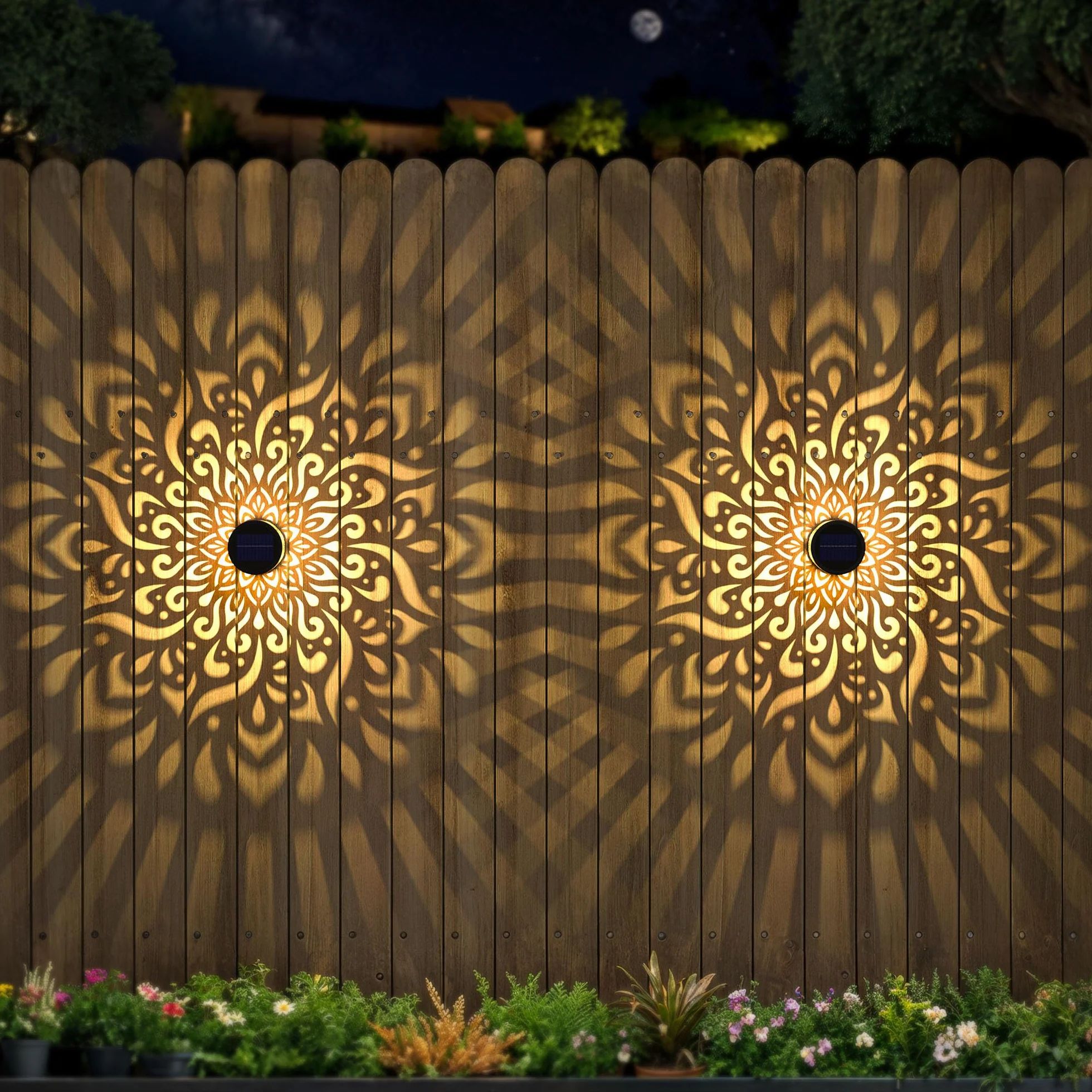 Lampes Solaires de Clôture en Métal Lot de 2, Éclairage Extérieur Mur Terrasse Mandala, Lampe de Poteau Jardin Étanche