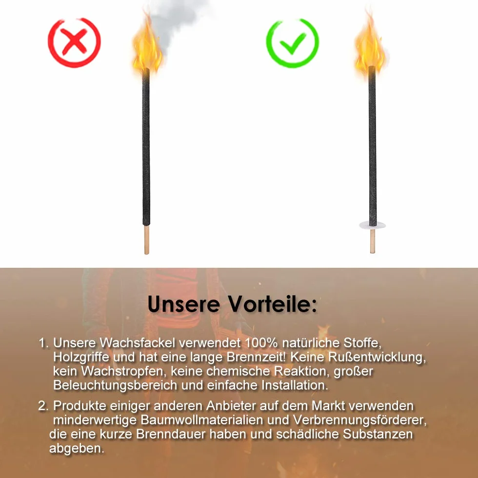 Flambeaux torches en cire lot de 100 avec protection mains poignée bois longue combustion 90-100min jardin