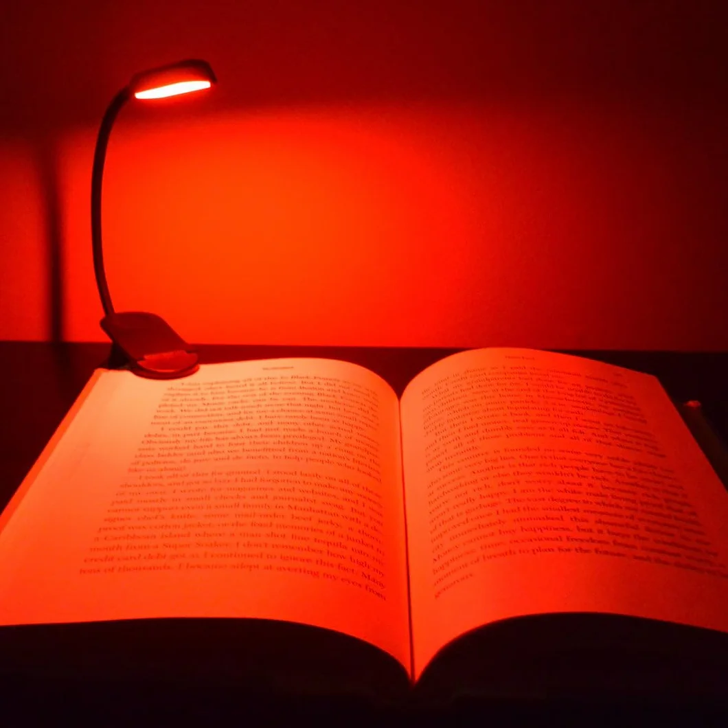 Ambre & Rouge Lampe de Lecture Liseuse Clip Rechargeable 8 LED Protection des Yeux Gradation Continu 3 Couleurs 360° Cou Flexible Portable