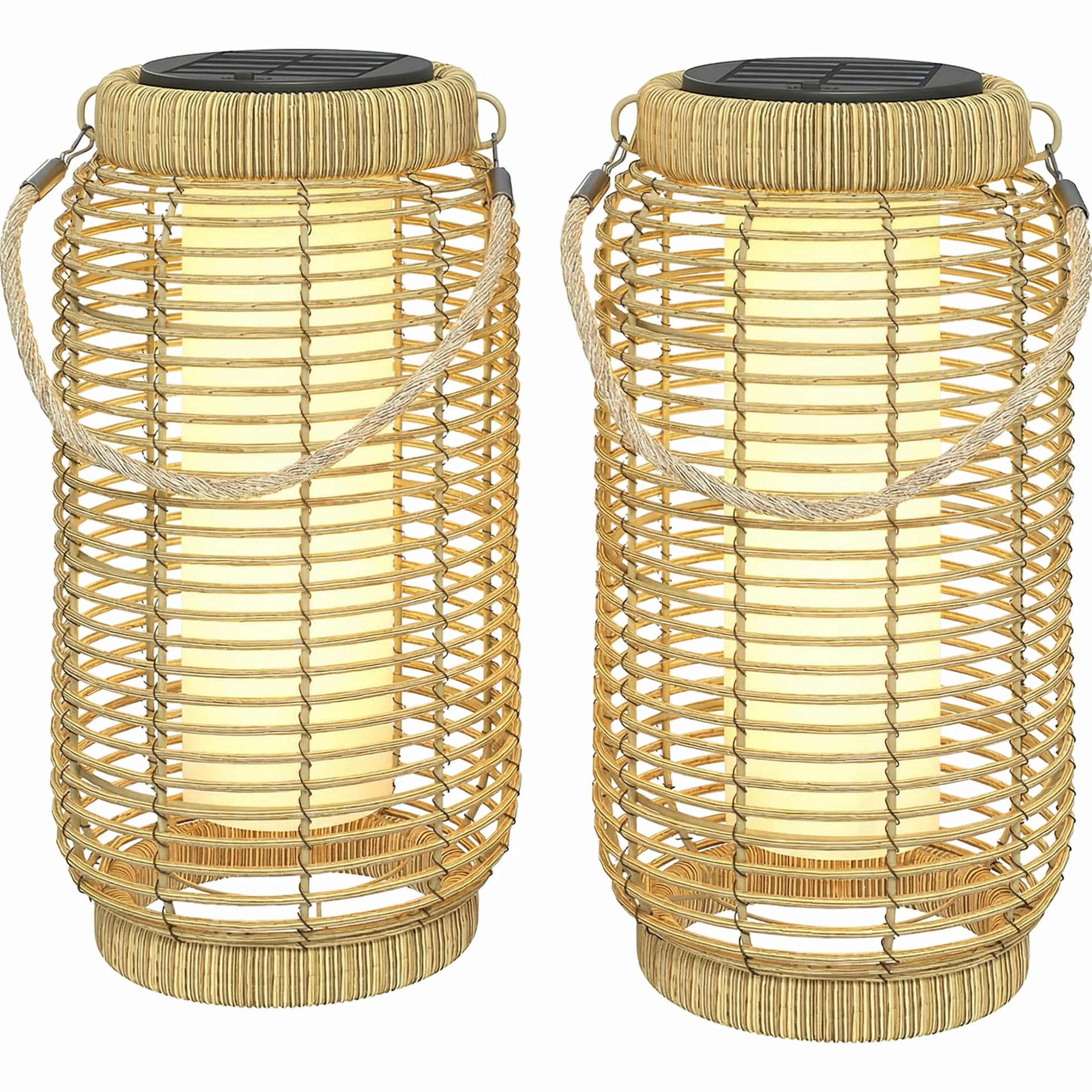 Outsunny Lampadaire d'Extérieur Solaire Lot de 2 LED Jardin Résine Tressée Acier Ø18 x 37 cm Sable