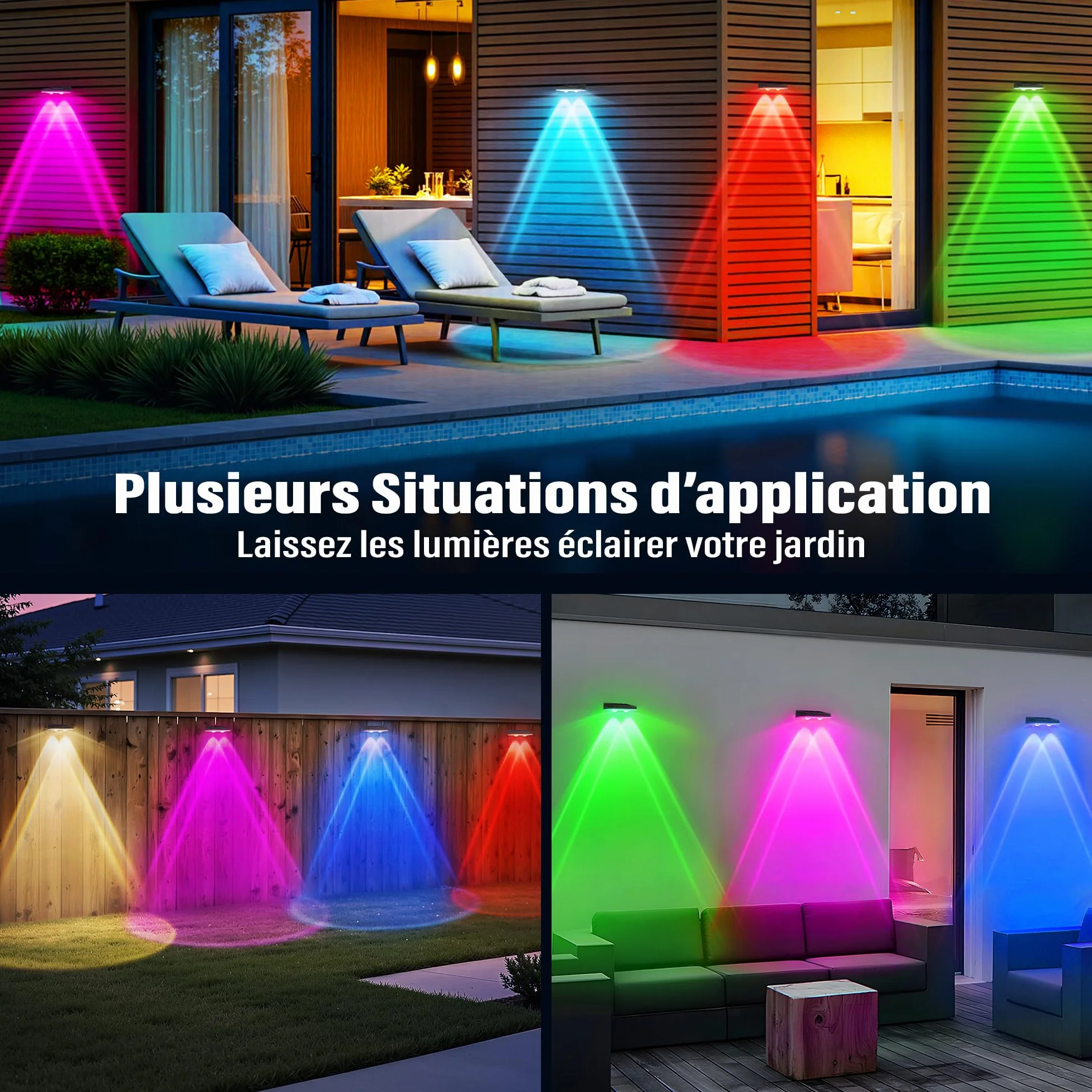 Applique Murale Extérieur Solaire Étanche IP67 2 Unité RVB 8 Modes Lampe Solaire Puissante pour Jardin