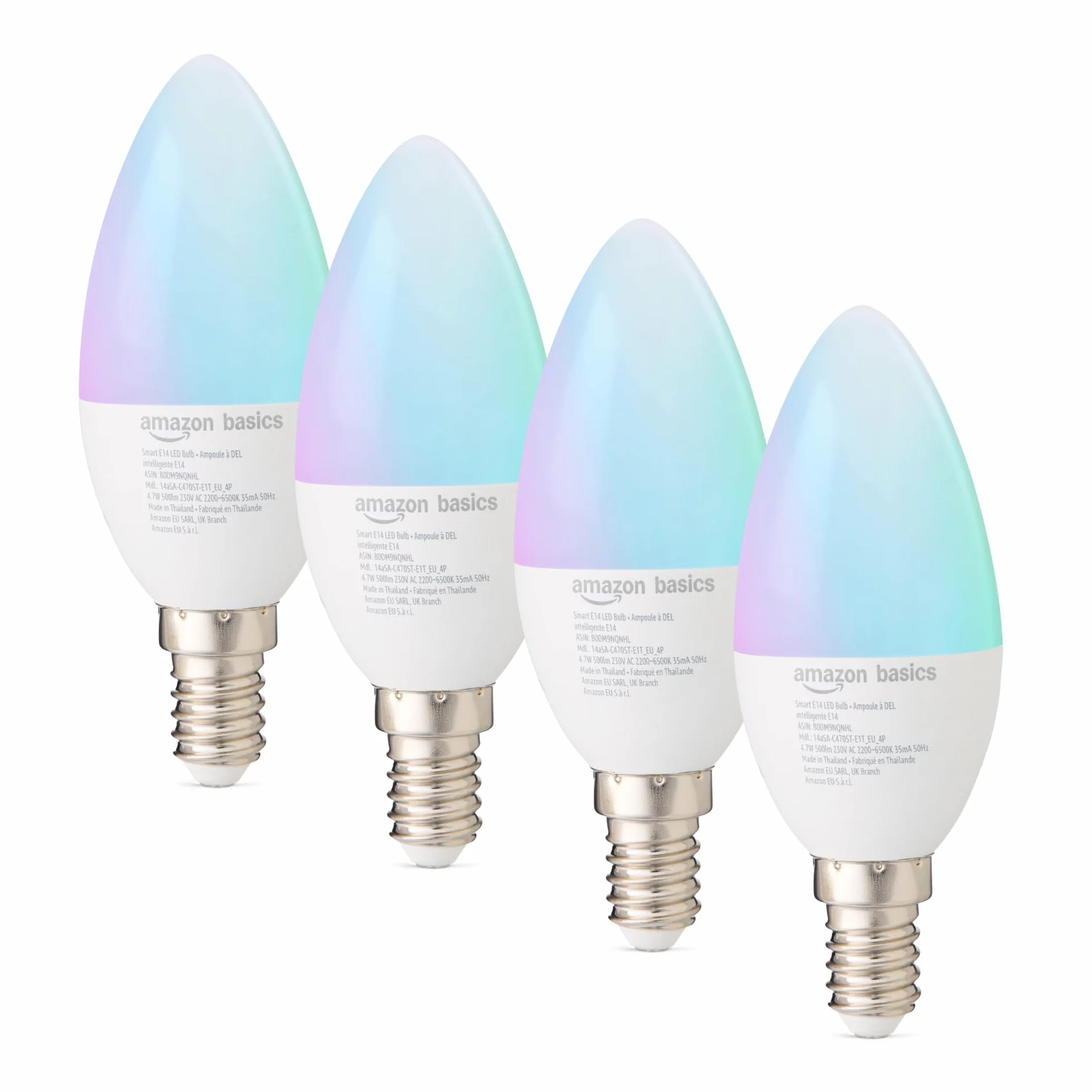 Amazon Basics Lot de 4 ampoules intelligentes E14, Wi-Fi 2,4 GHz, compatible Alexa, changement de couleur