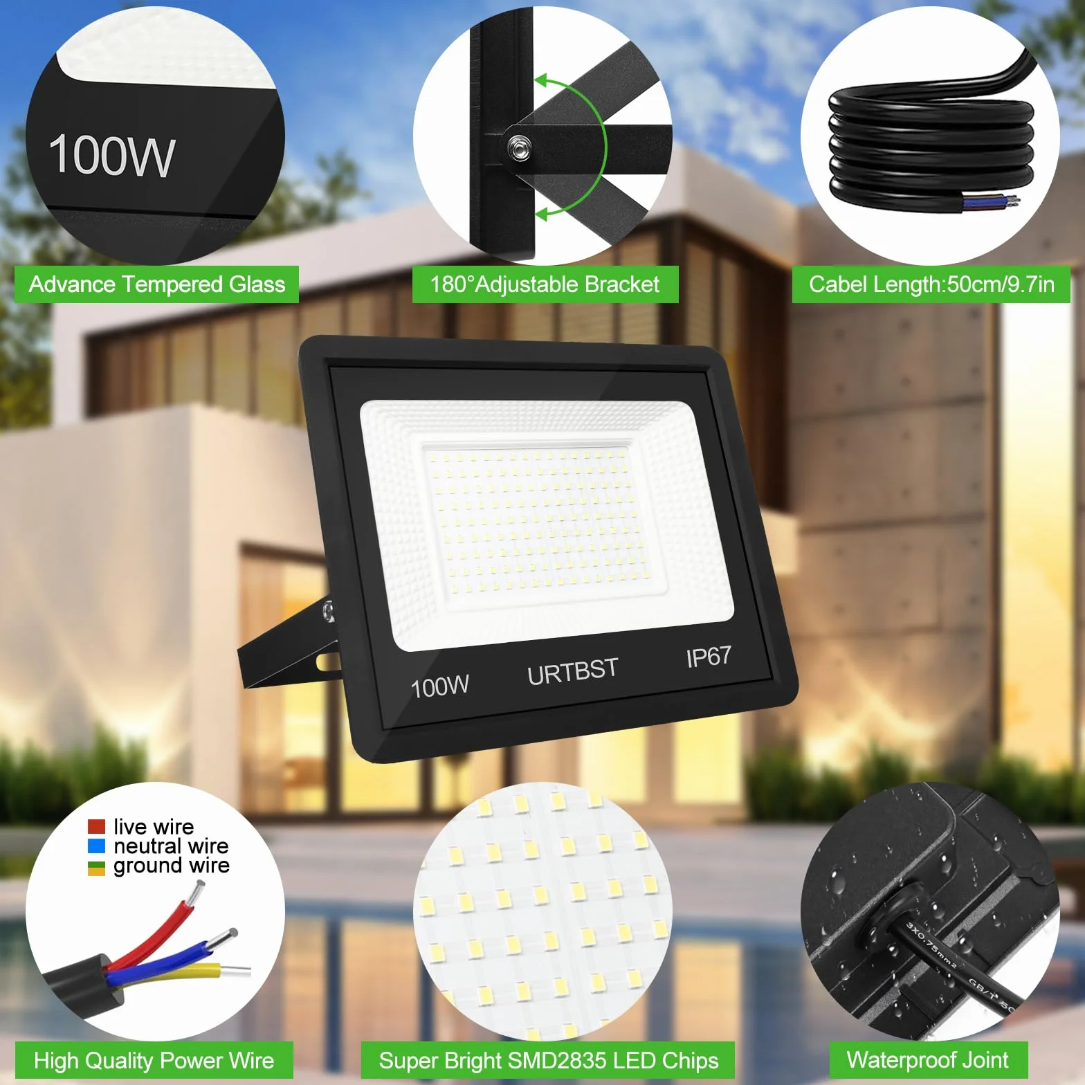 Projektor LED Zewnętrzny 100W 10000LM IP67 7000K Chłodna Biel Do Ogrodu, Domu, Garażu