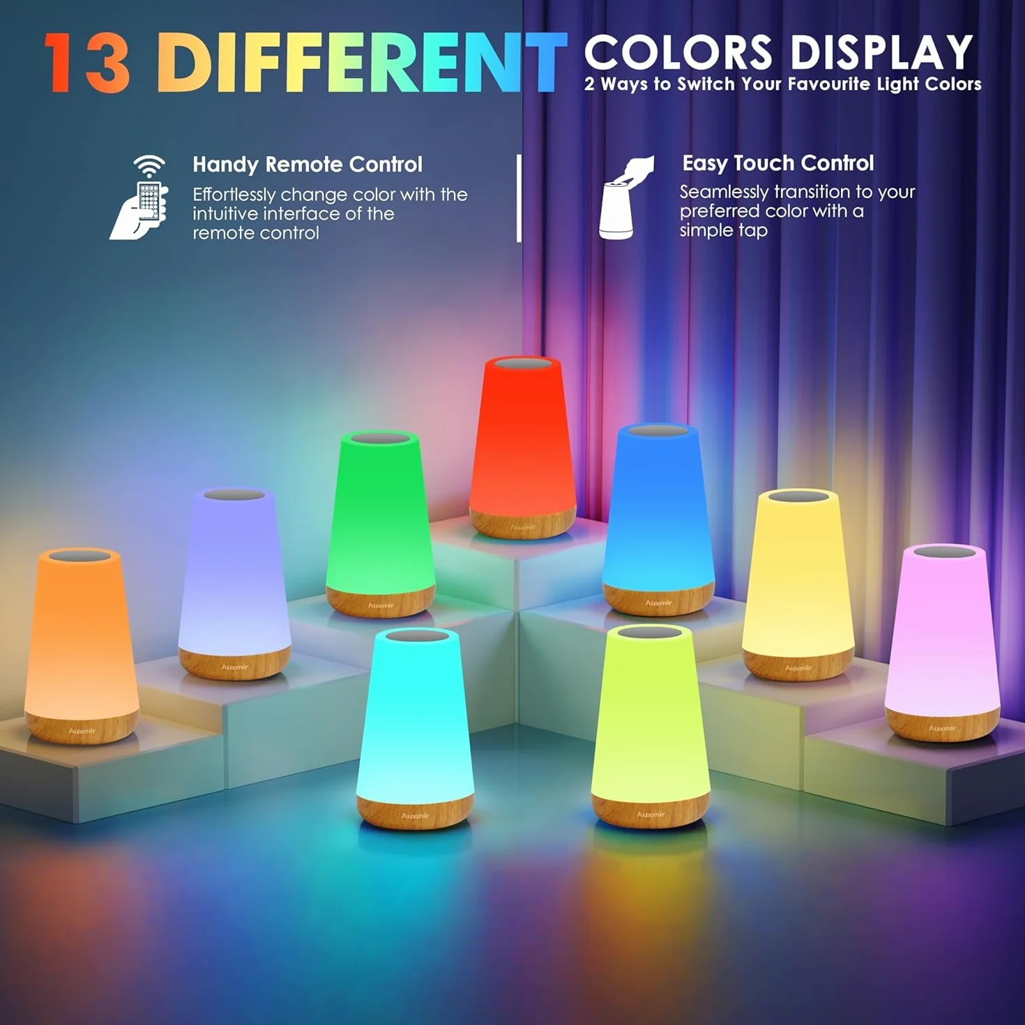 Auxmir Lampe de Chevet Tactile RGB 13 Couleurs 2500mAh Rechargeable USB sans Fil Télécommande