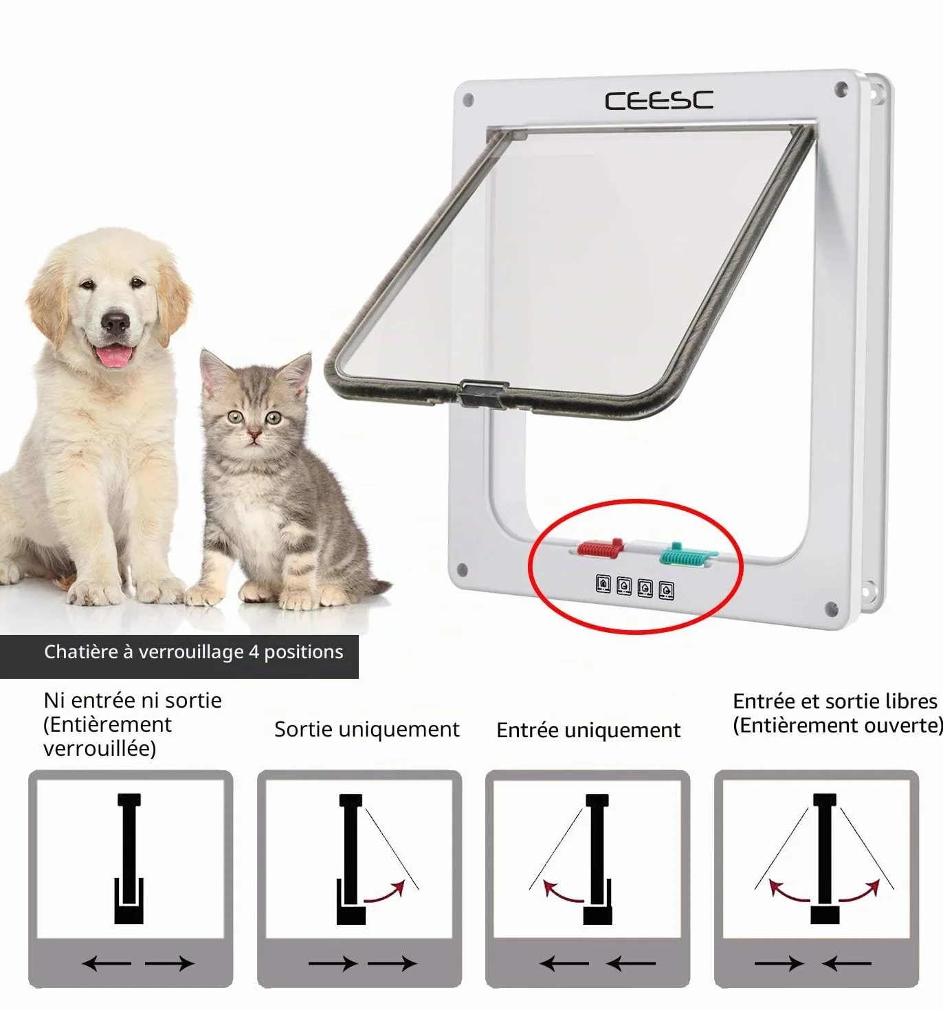 CEESC Grande chatière 28cm x 24.9cm Verrouillage 4 Voies pour Chats Petits Chiens