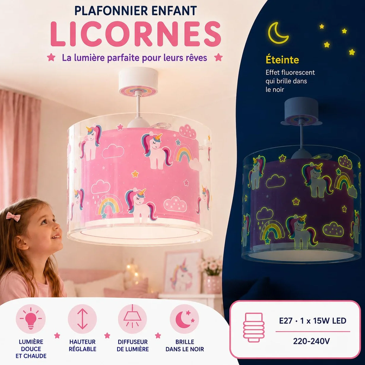 Dalber Lustre Chambre Lampe Suspension Plafonnier Enfants Unicorns Licornes Jaune E27