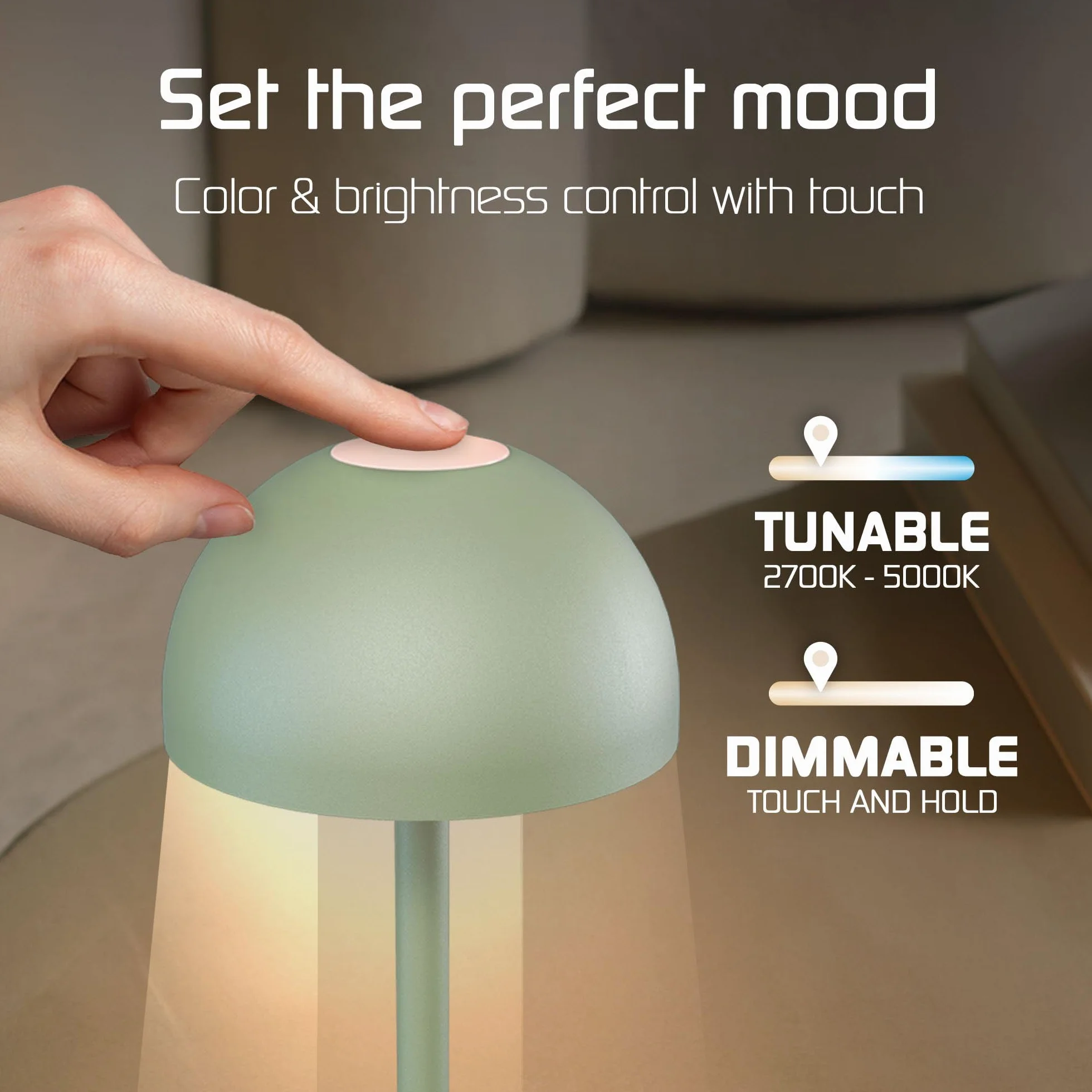 Ledvion Lampe de Table LED Rechargeable 2700K-5000K 110 Lm IP54 USB-C Vert Sauge