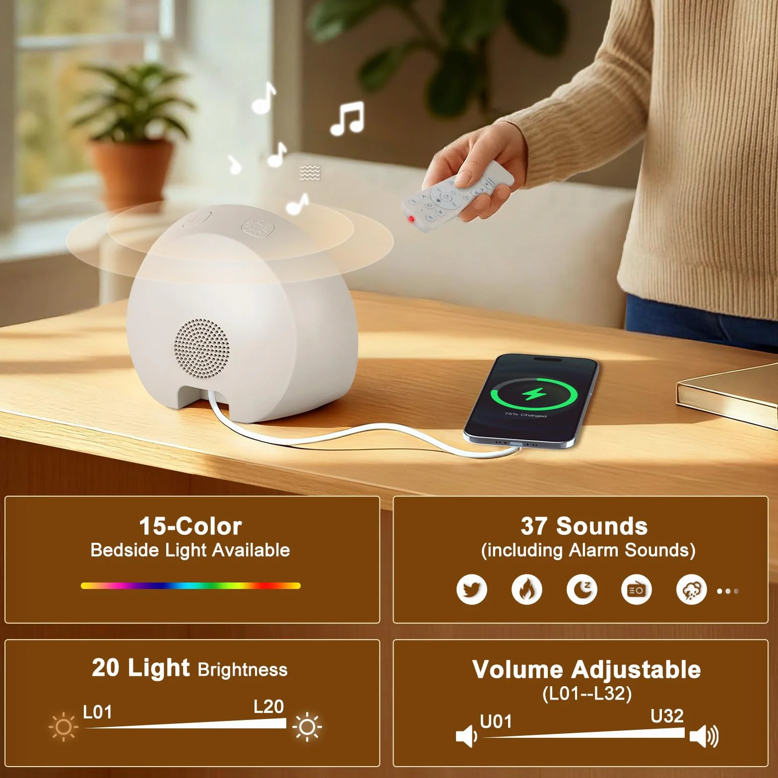 Charmofun Réveil Lumineux Simulateur d'Aube, Luminothérapie Lampe de Chevet avec 37 Sons, 20 Niveaux de Luminosité, 15 Couleurs