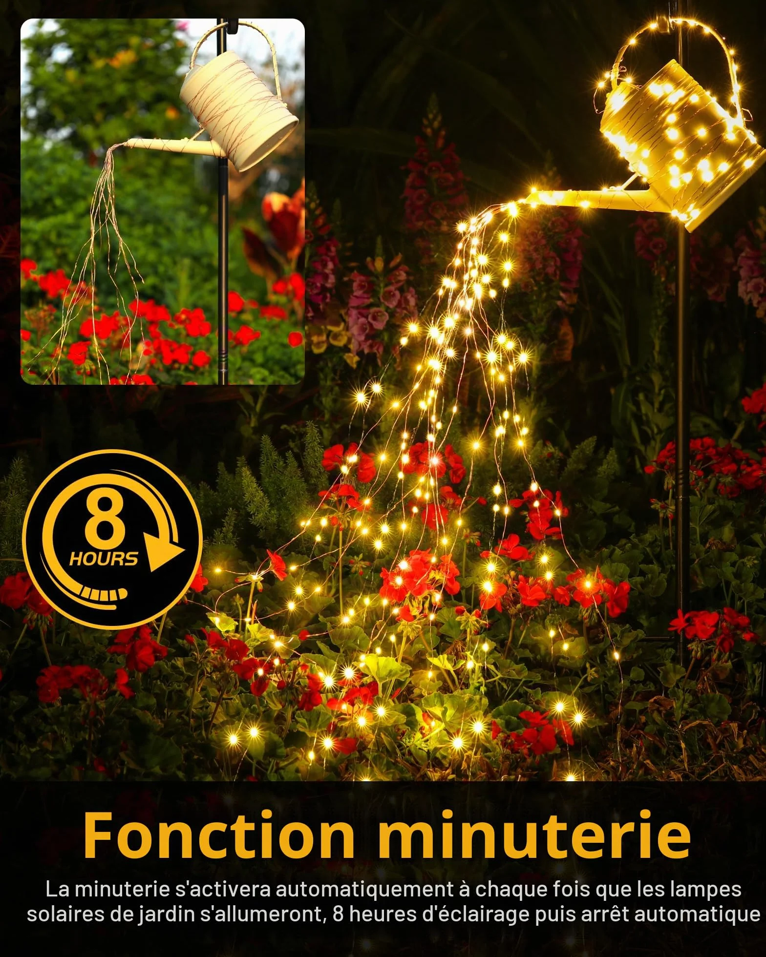 Guirlande Solaire Extérieur 20M 200LED IP65 8 Modes Minuteur Mémoire Fil de Cuivre Blanc Chaud
