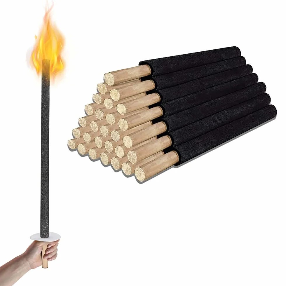 Flambeaux torches en cire lot de 100 avec protection mains poignée bois longue combustion 90-100min jardin