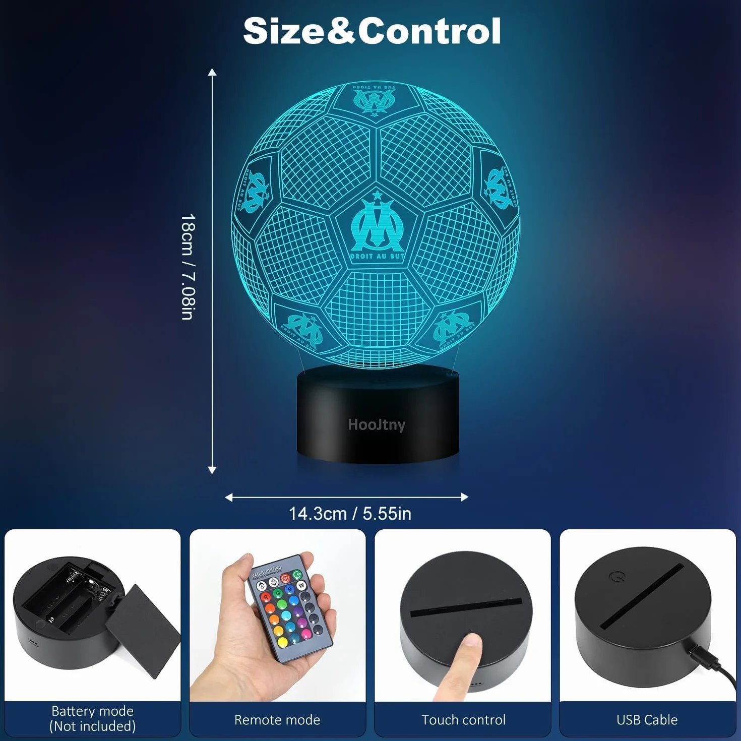 Veilleuse Marseille Football Enfant Lampe 3D LED 16 Couleurs USB Rechargeable Cadeau Garçon Fan de Foot