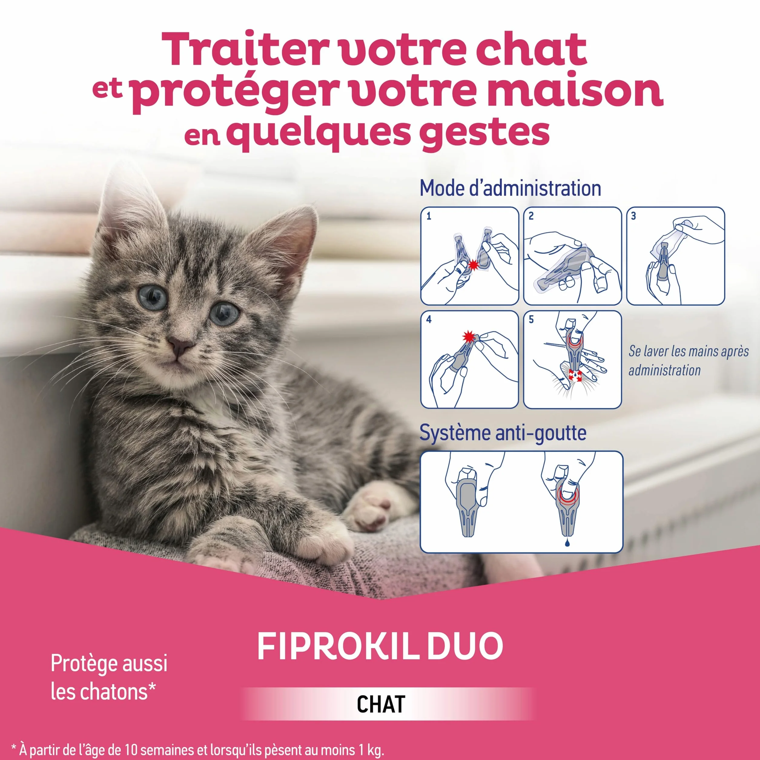 Clément Thékan Anti-puces Anti-tiques Chats Protection 2 en 1 4 pipettes Fiprokil Duo (50mg/60mg)