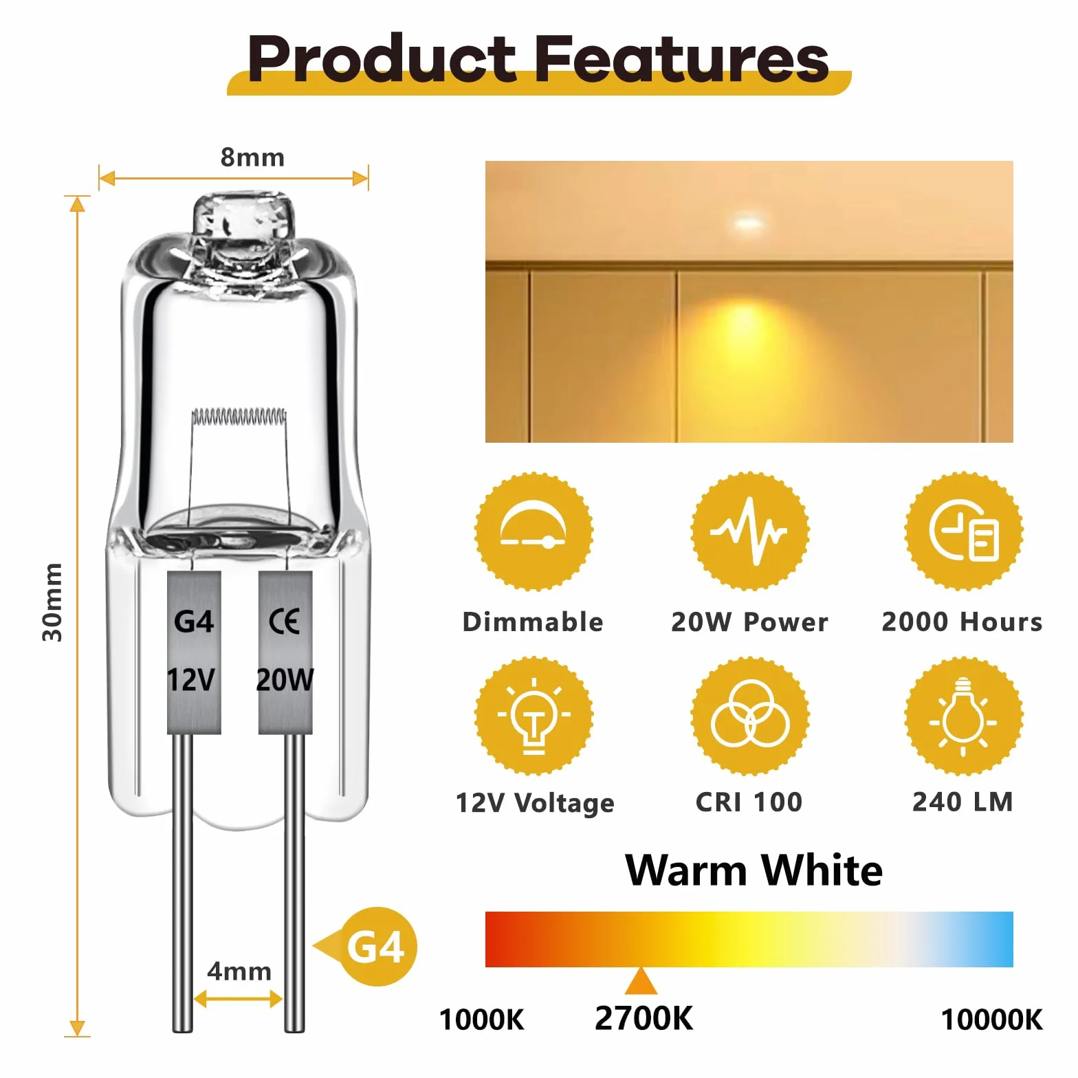 Ampoule Halogène G4 12V 20W 470LM Dimmable 2700K Blanc Chaud Morotty 12 Pièces