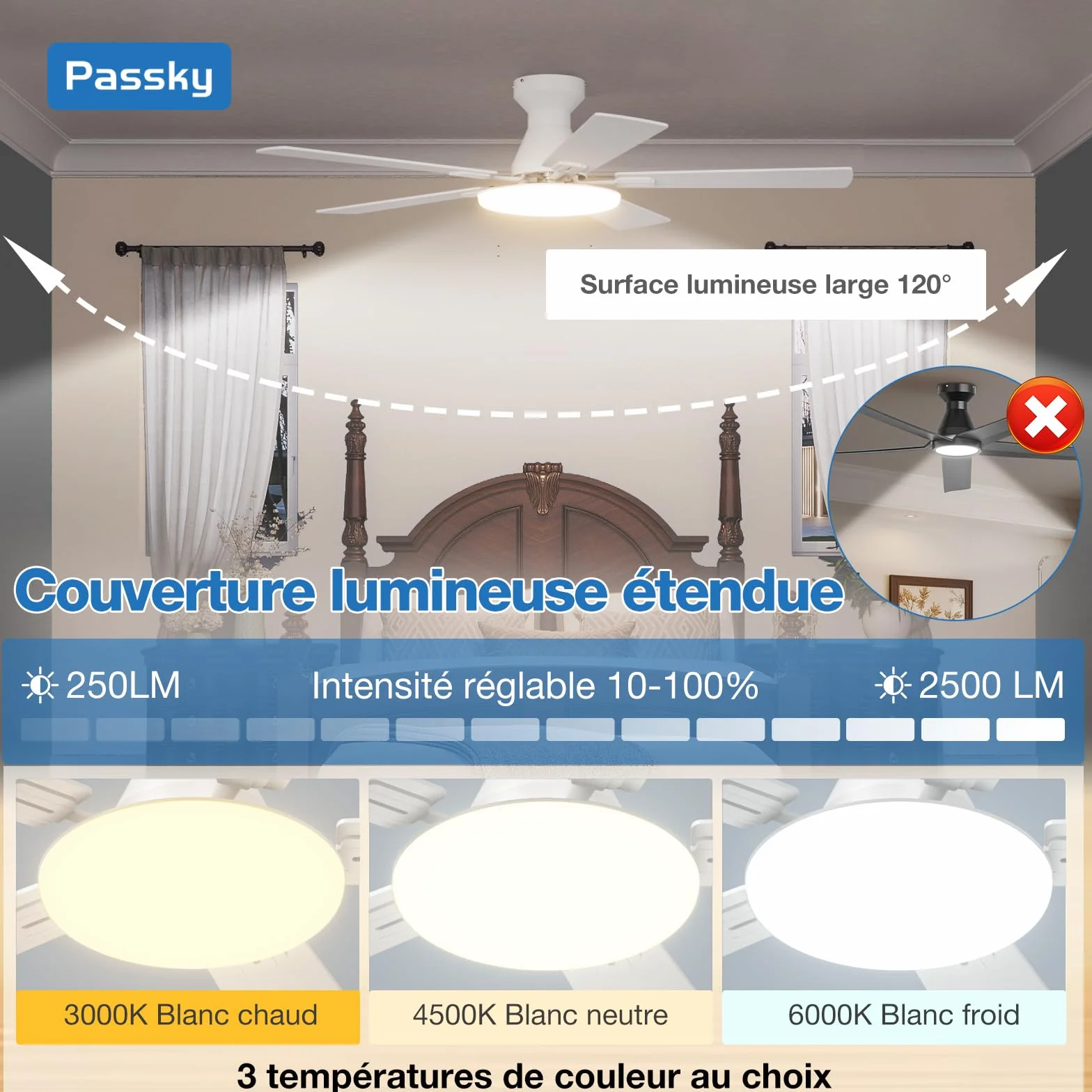 Ventilateur de plafond Passky 132 cm avec éclairage télécommande moteur CC silencieux 5 pales 6 vitesses 3 températures de couleur minuterie blanc