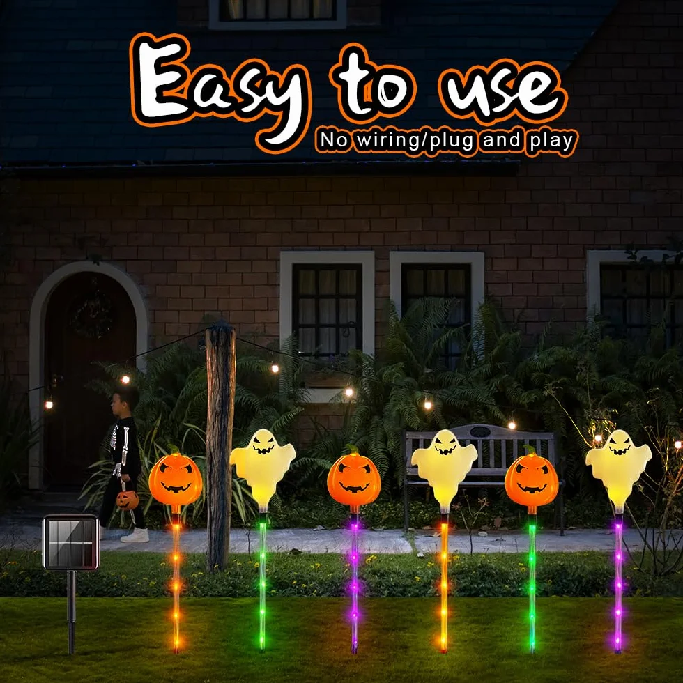 Décoration d'Halloween extérieure 6 pièces, lampes solaires LED, lanterne, pierre tombale