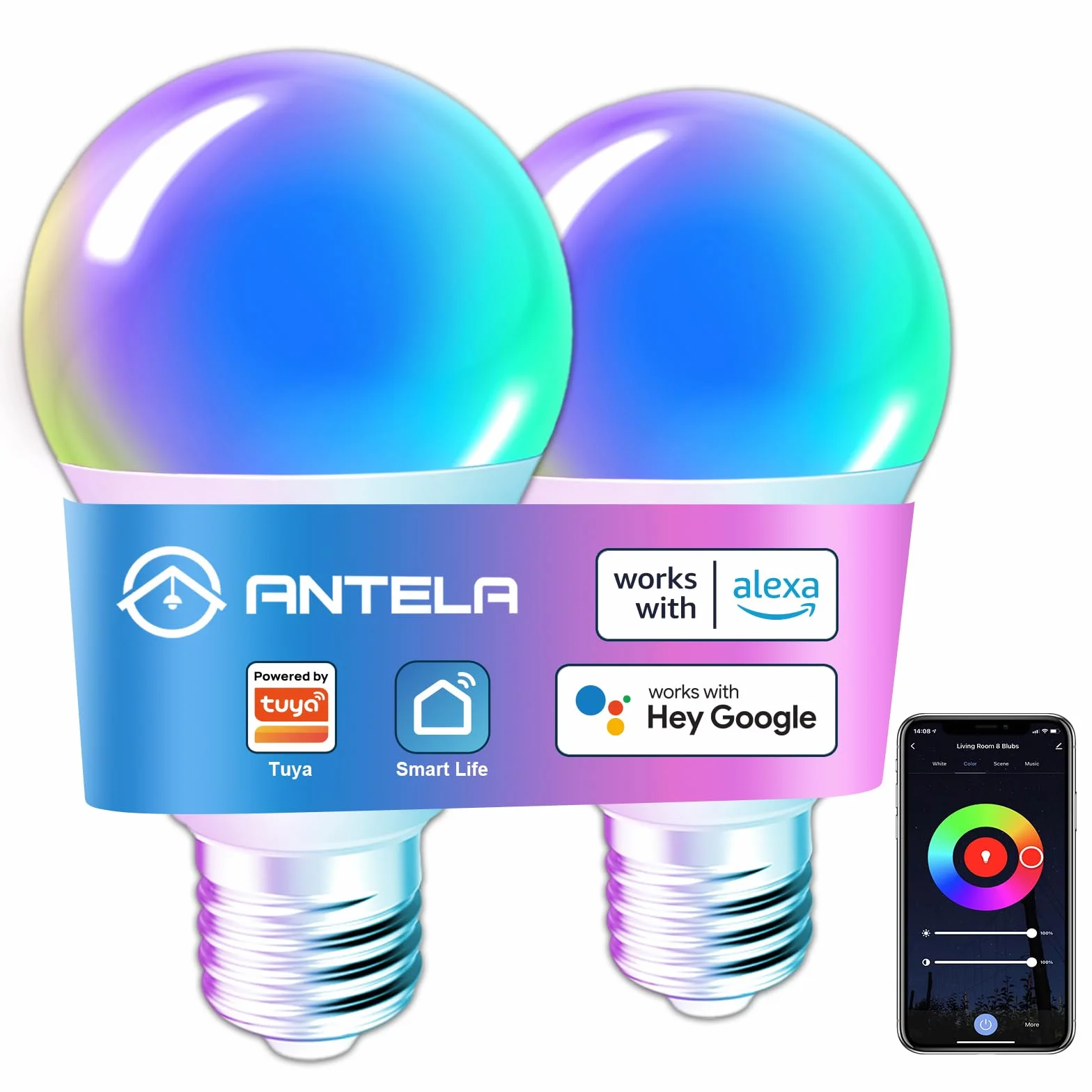 Ampoule Connectée E27 WiFi 7W 806LM Ampoule LED Intelligente RGB+CCT 2700K-6500K Compatible Alexa Google Home 2PCs