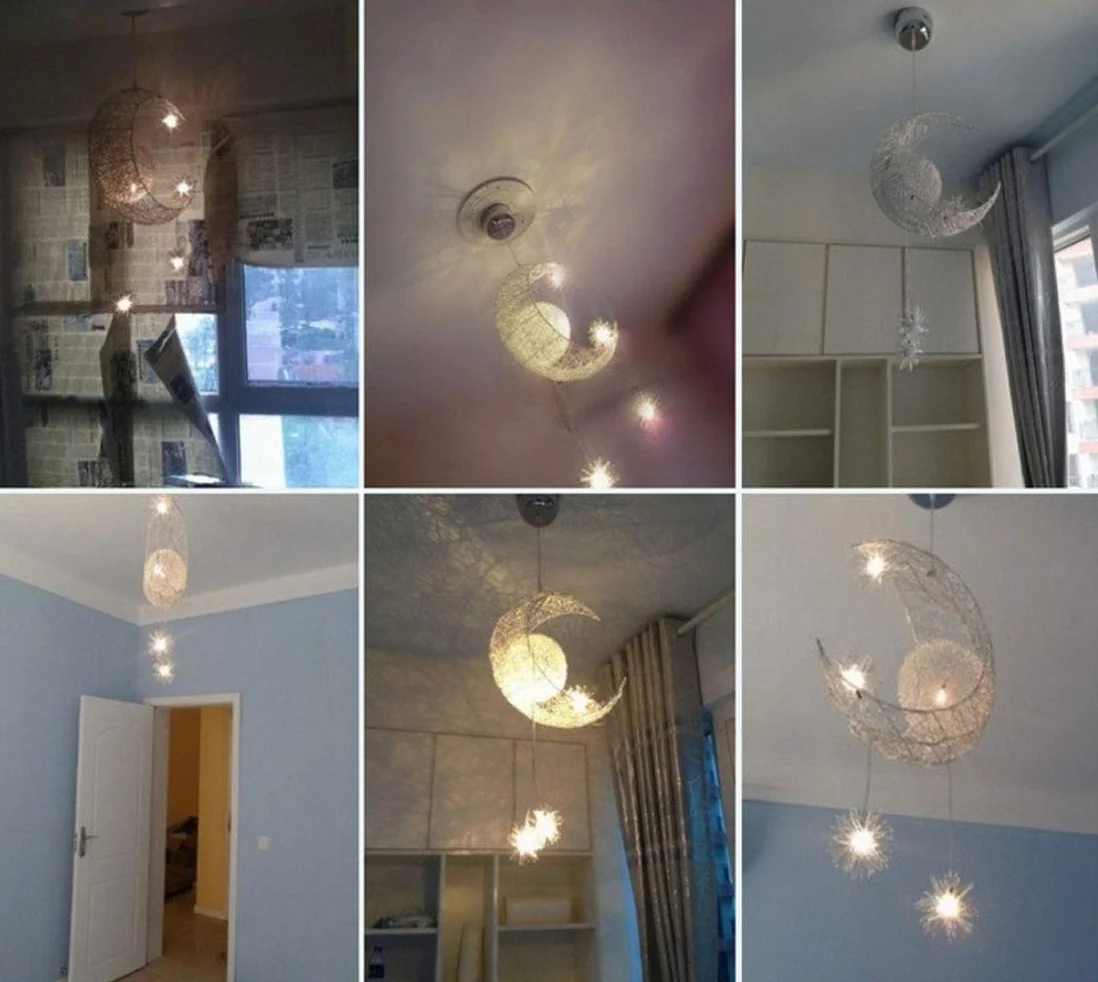 Lustre Suspension Lune étoiles LED Plafonnier Luminaire Aluminium 5 Ampoules Enfants Chambre