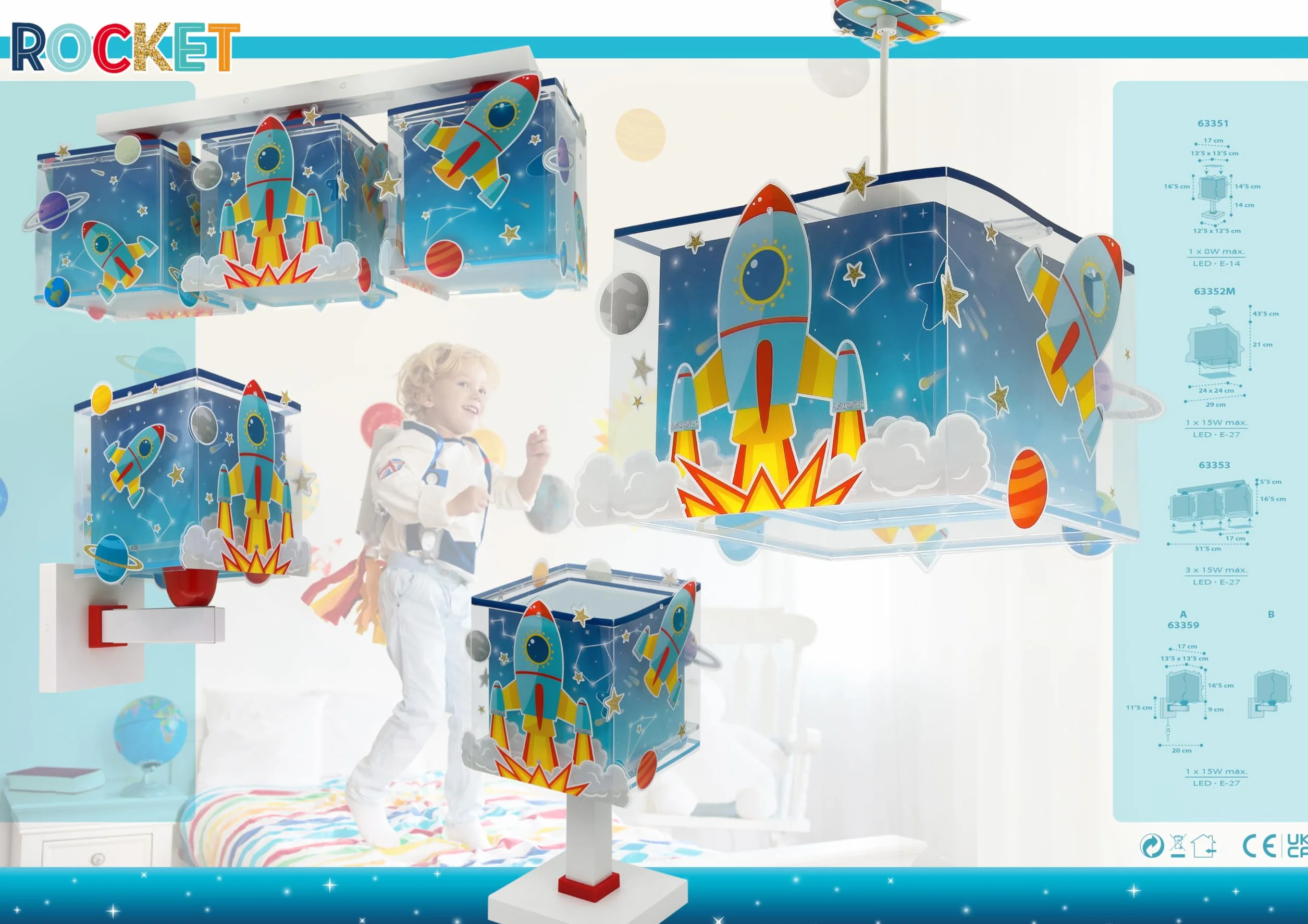 Dalber Applique murale enfant Rocket Fusée spatiale système solaire E27 Bleu