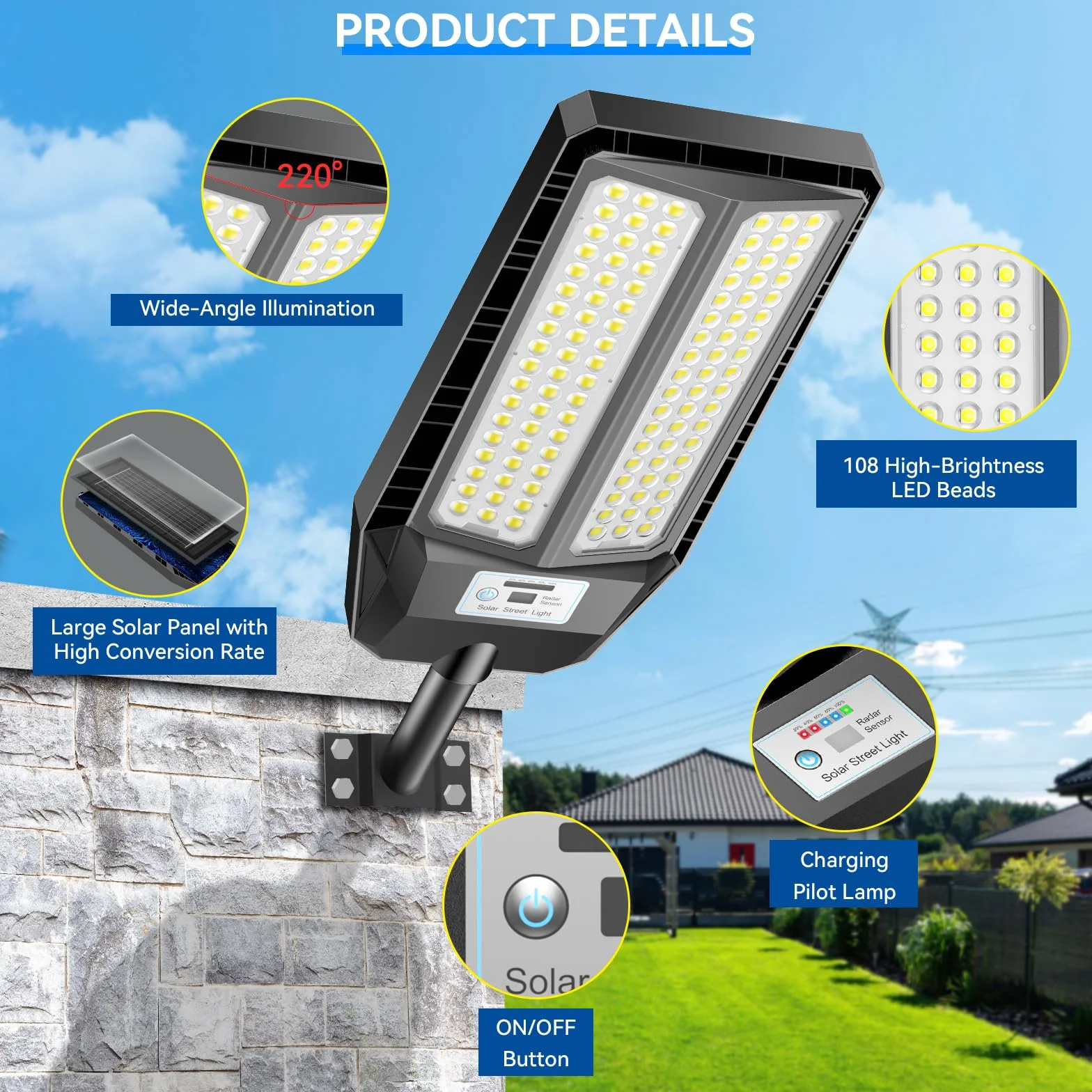 Adewalk 700W*2 Lampe Solaire Extérieure IP66 avec Télécommande et Capteur de Mouvement, 6500K LED Super Lumineux