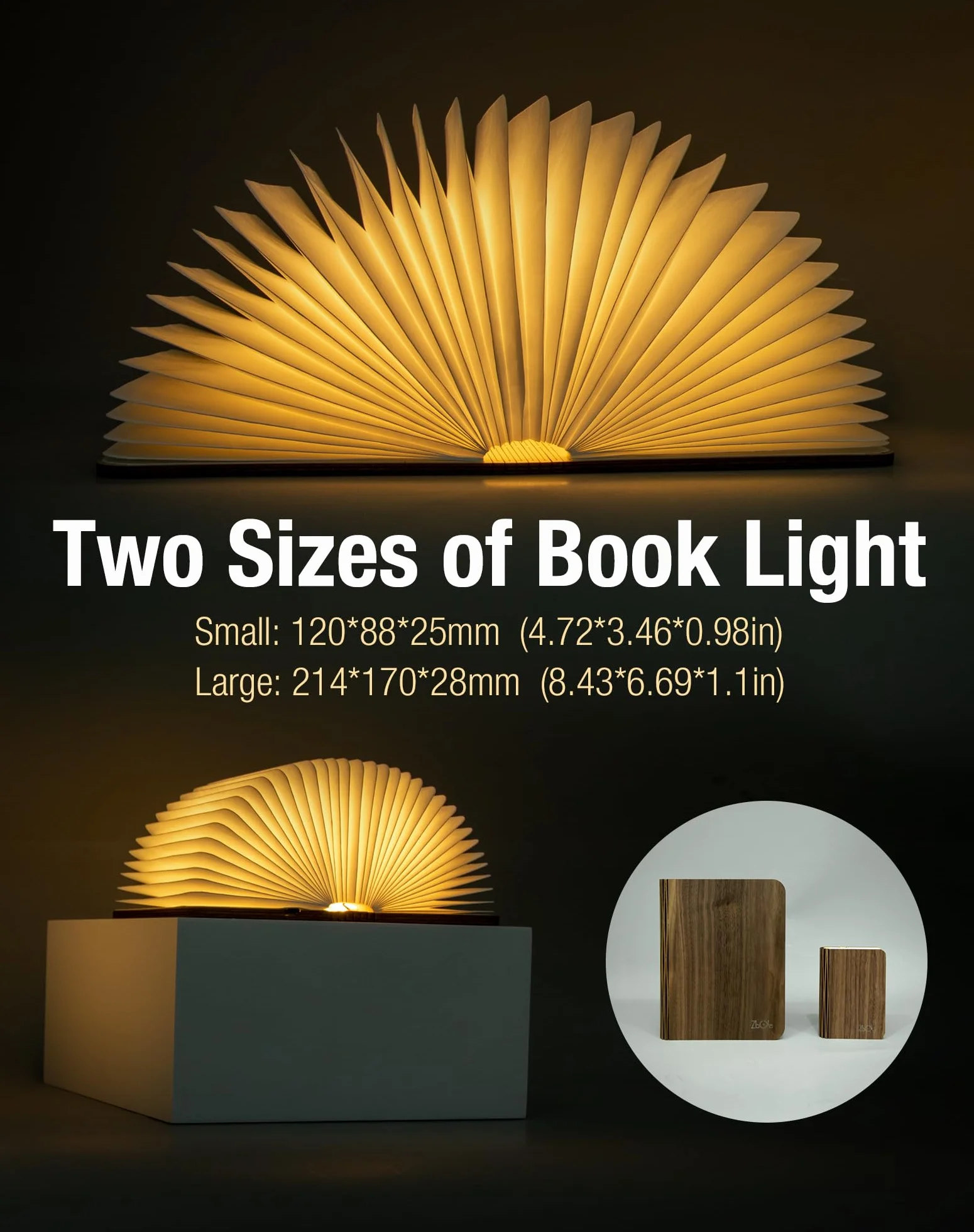Lampe Livre en Bois 12CM Pliable à Piles LED Magnétique Noyer