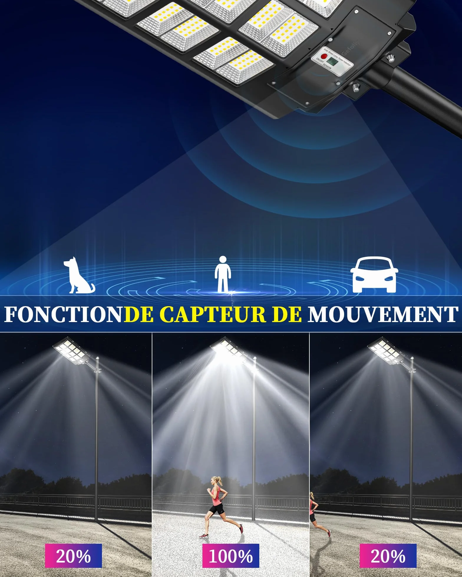 Gefolly SL-1600W Solaire Exterieur Lampadaire 216000LM 6500K IP67 Projecteur Solaire Exterieur