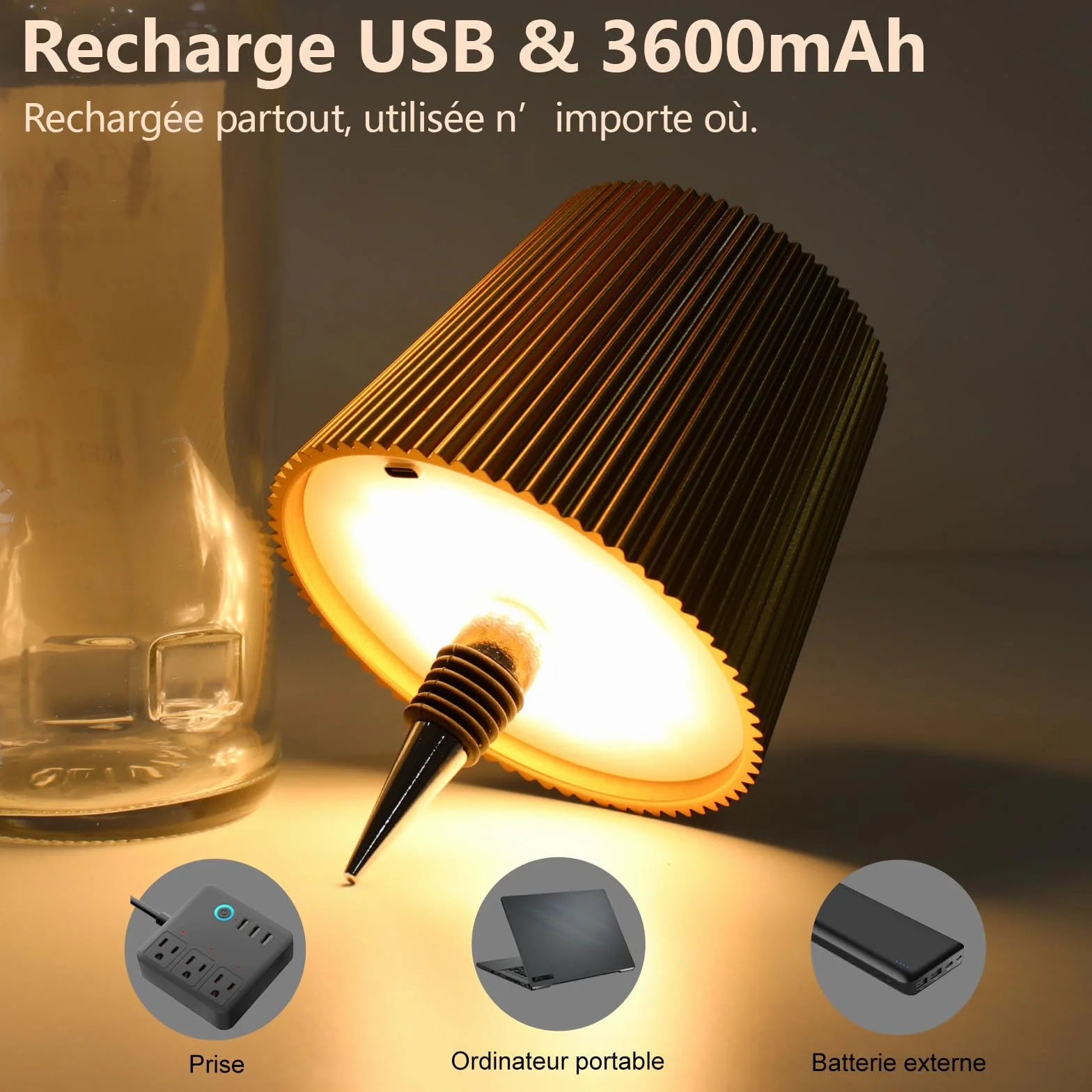Lampe LED décorative dorée Rechargeable USB-C Sans fil IP54 3 températures réglables pour récipient en verre à goulot standard Table Balcon Terrasse Camping