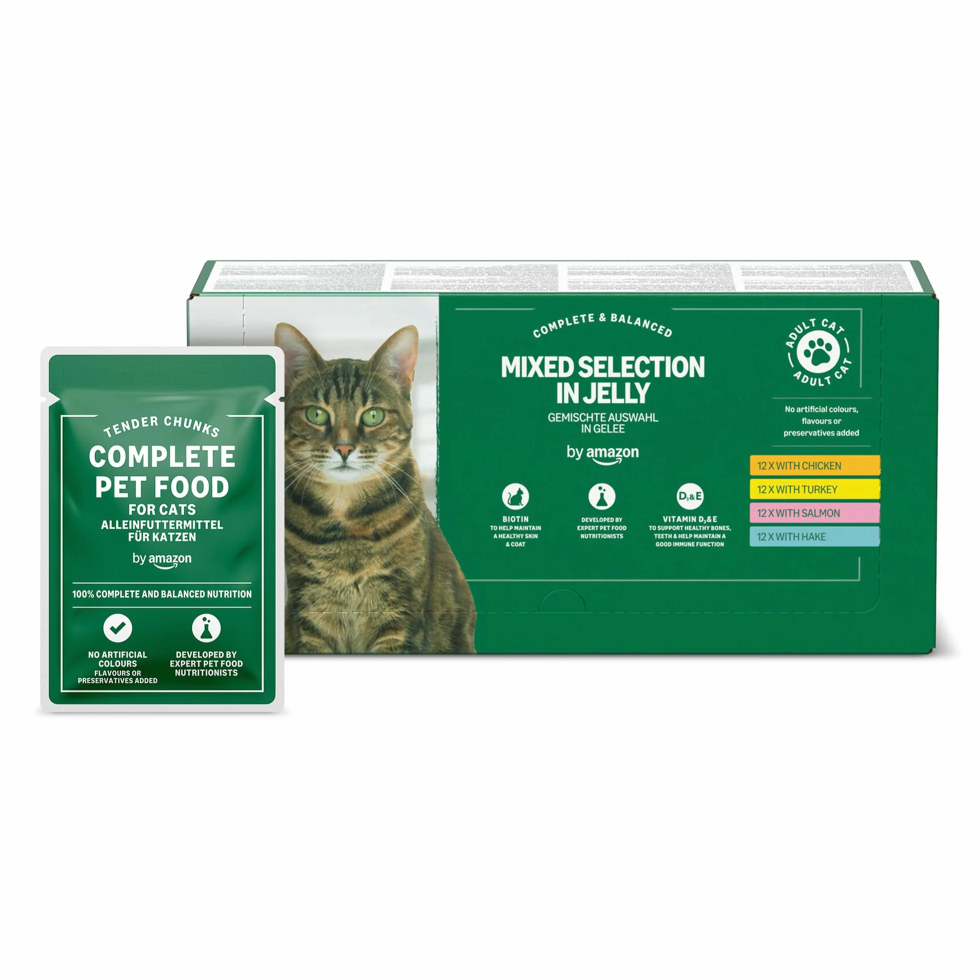 Amazon Nourriture complète sans céréales pour Chats Adultes, sélection variée en gelée, 4,8 kg (48 Paquets de 100 g)