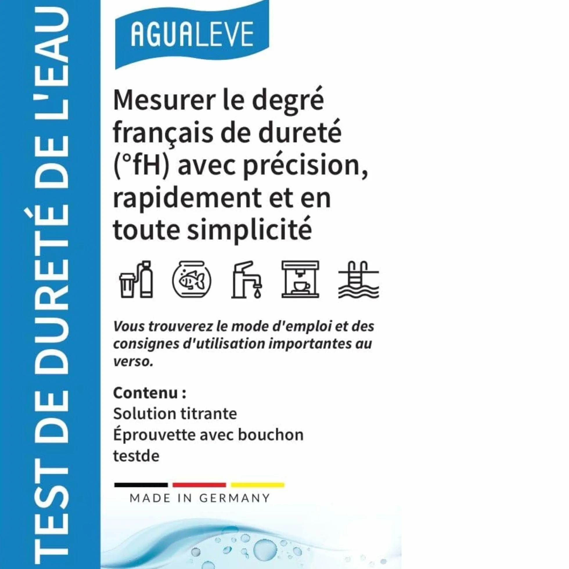 AGUALEVE® Test de dureté de l'eau 25-200 mesures 1x15ml Made in Germany