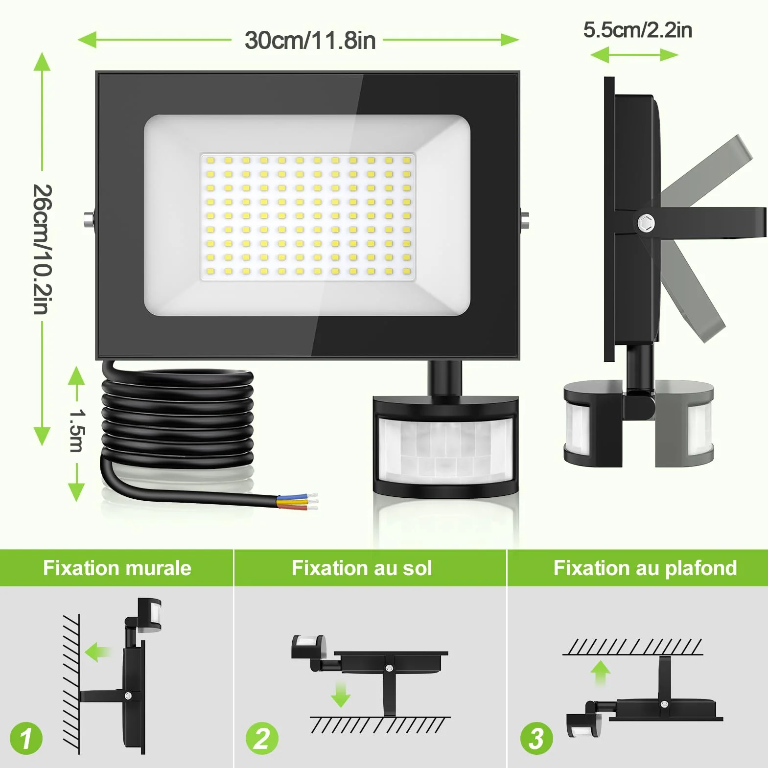 Projecteur LED Exterieur 150W 15000LM 6500K IP65 avec Detecteur de Mouvement